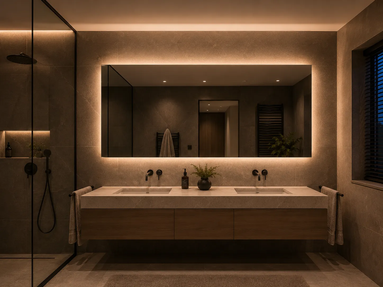 Modernes Badezimmer mit indirekter LED-Spiegelbeleuchtung und Halo-Effekt für eine stimmungsvolle Ausleuchtung