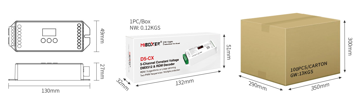 MiBoxer D5-CX DMX512 & RDM Decoder – Technische Zeichnung mit Abmessungen (130x49x27mm), Produktverpackung (132x51x32mm) und Versandkarton (350x290x300mm, 100 Stück)