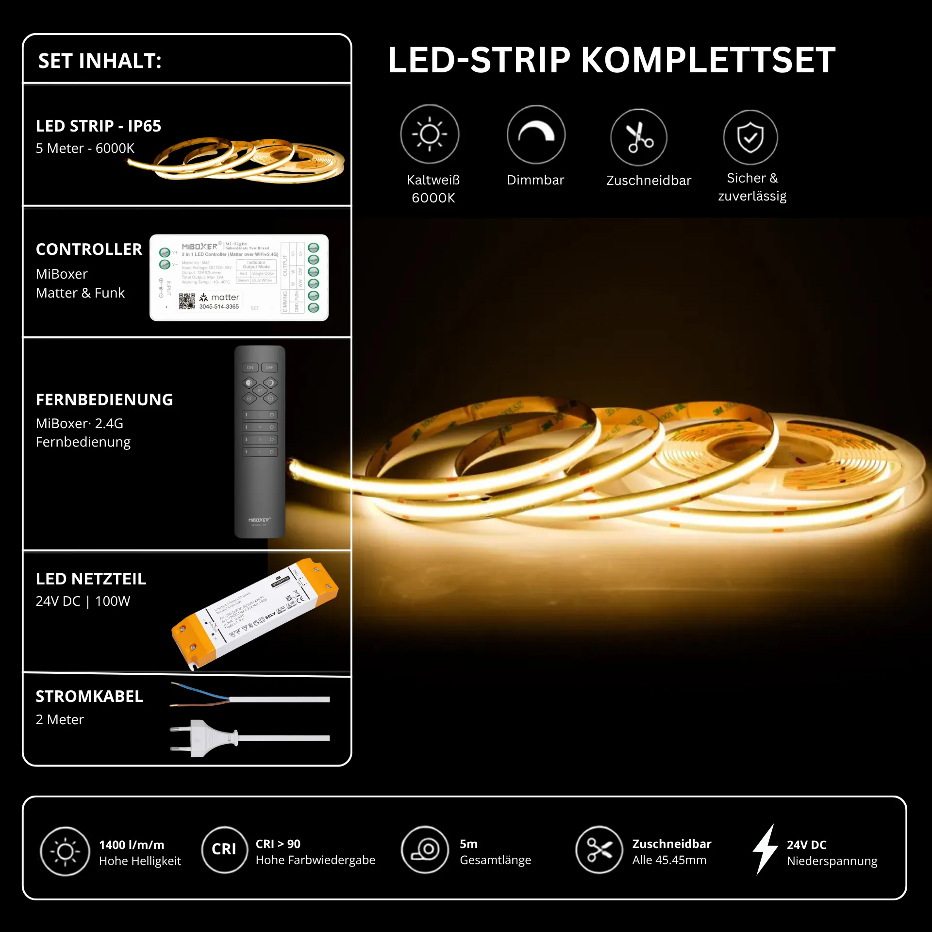 LED Streifen Set Kaltweiß – COB LED Streifen 24V, punktfrei, 14 W/m, 5m, 6000K, CRI 90, IP65 – SS100 Netzteil, SM2 Matter Controller & C1 Fernbedienung Schwarz
