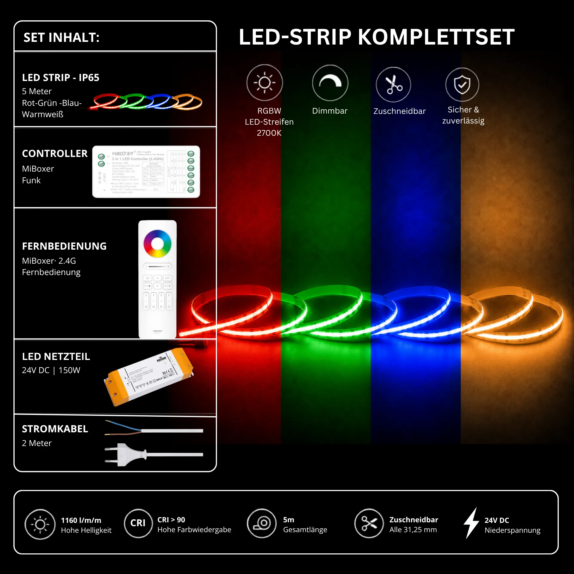 LED Streifen Set RGBW – COB LED Streifen 24V, punktfrei, 20 W/m, 5m, RGB + Warmweiß 2700K, CRI 90, IP65 – SS150 Netzteil, SR5 Funk-Controller & C5 Fernbedienung Weiß