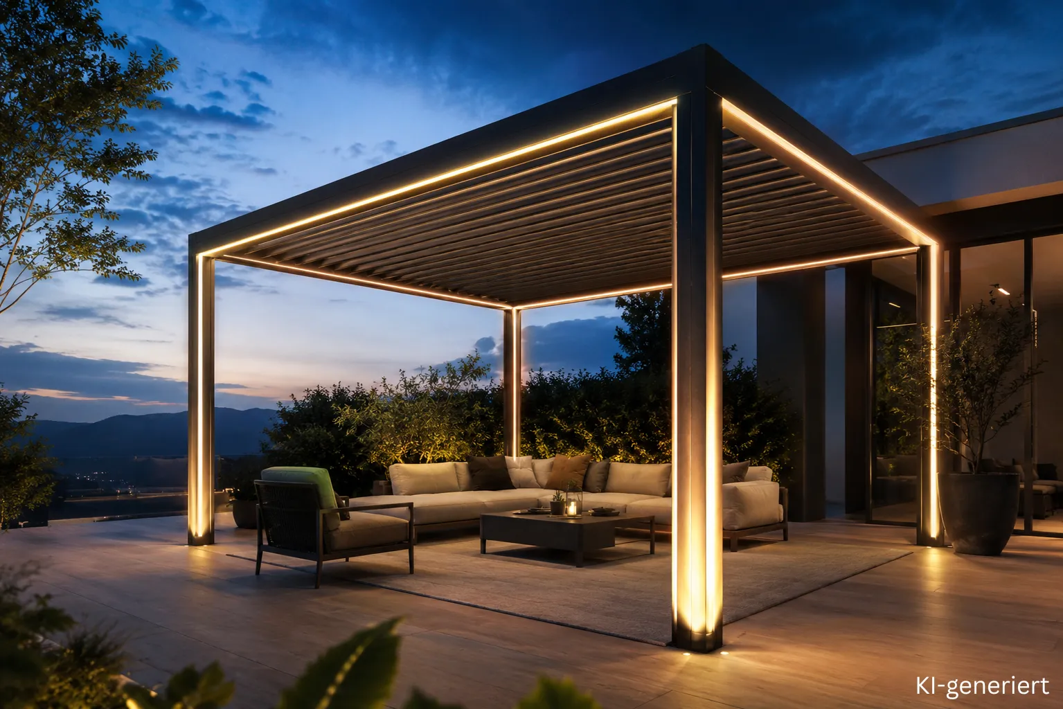 Pfosten- und Konturbeleuchtung an der Pergola: vertikale LED Lichtlinien zeichnen Pfosten und Dachkante der Alu-Pergola nach