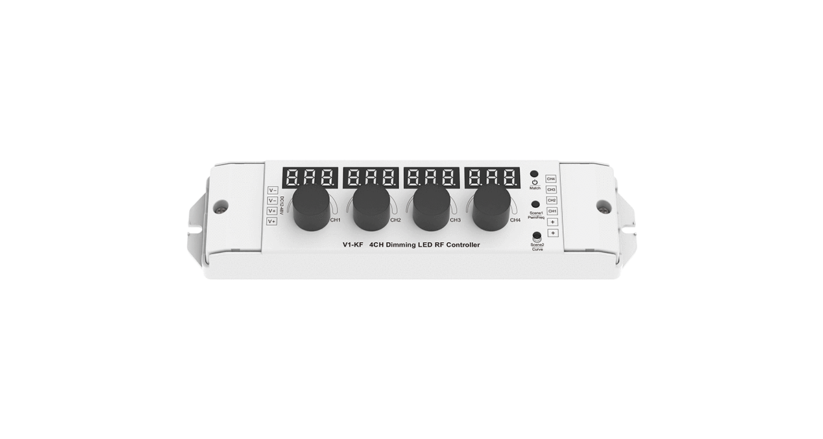 V1-KF 4-Kanal LED-Dimmer – 12–48 V DC, je 4 A, manuelle Drehregler für Einzelkanalsteuerung