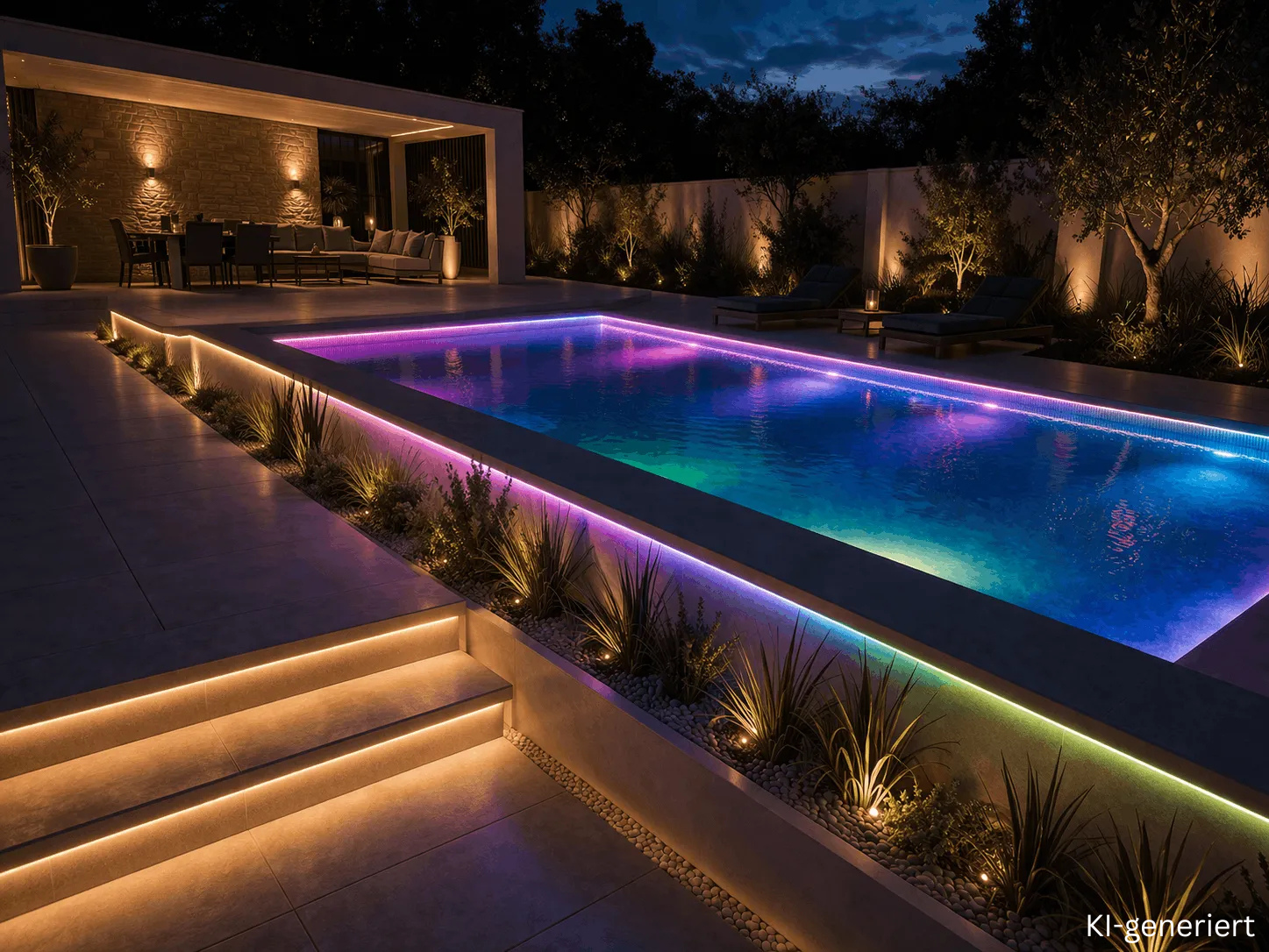 Poolbeleuchtung mit RGB LED Streifen und Farbwechsel am Außenpool