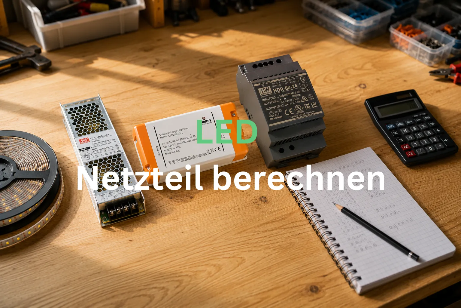 Verschiedene LED Netzteile auf Werkbank zur Berechnung der passenden Netzteil-Leistung