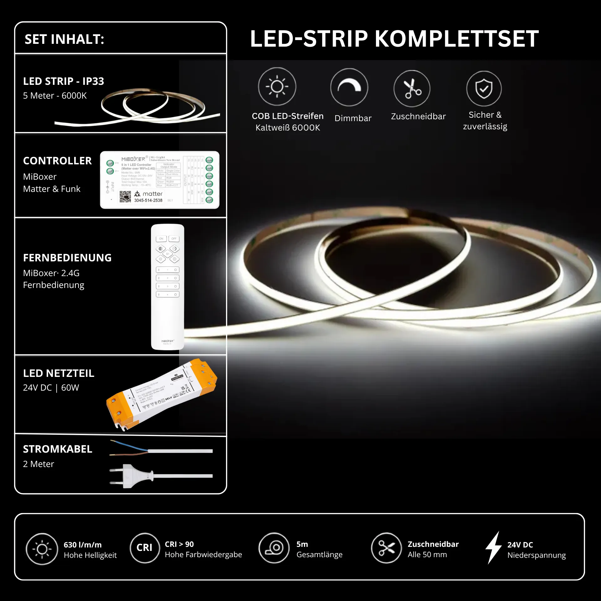LED Streifen Set Einfarbig COB Schmal – 5 mm COB LED Streifen 24V, punktfrei, 7 W/m, 5m, Kaltweiß 6000K, CRI 90 – SS60 Netzteil, SM2 Matter Controller & C1 Fernbedienung Weiß