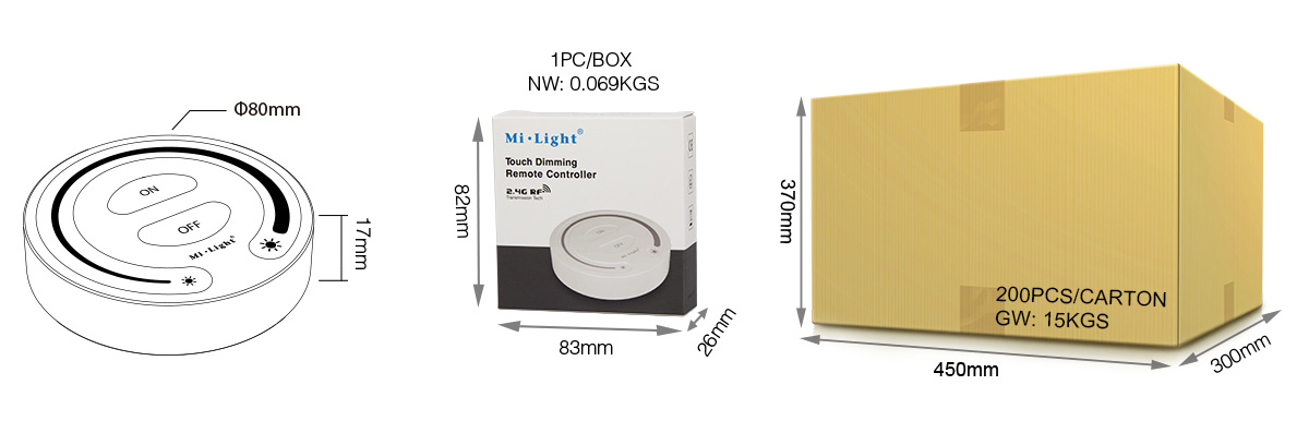 MiBoxer FUT087 Lieferumfang Touch-Dimm Fernbedienung – 2,4 GHz Funksteuerung MiBoxer / Mi-Light FUT087 Lieferumfang Touch-Dimm 2,4 GHz Funksteuerung - Fernbedienung für einfarbige LED-Streifen – SK-LED