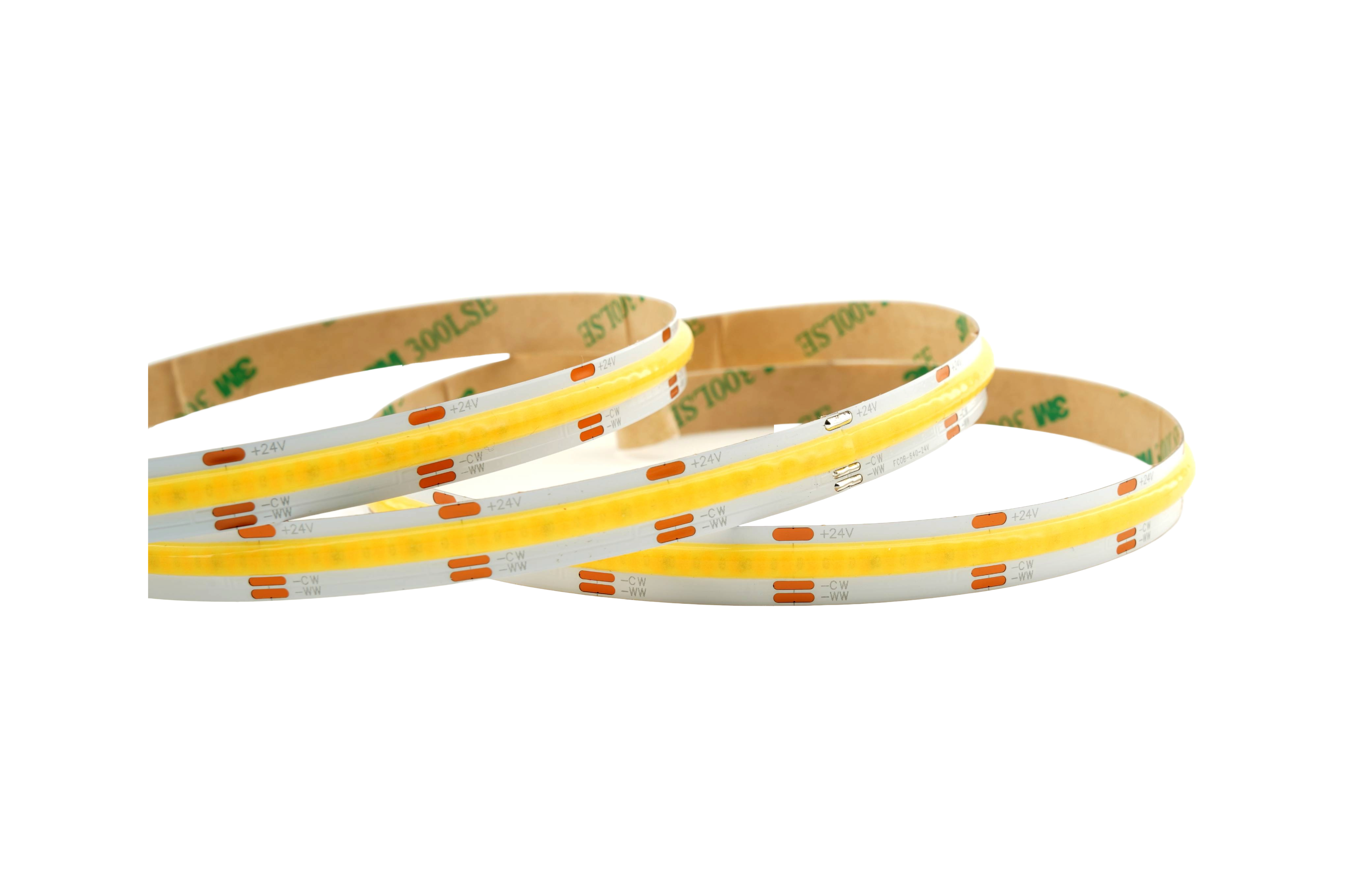 Detailaufnahme eines COB CCT LED Streifens mit 24V und 640 LEDs/m – punktfreies, homogenes Tunable-White LED Band mit einstellbarer Farbtemperatur