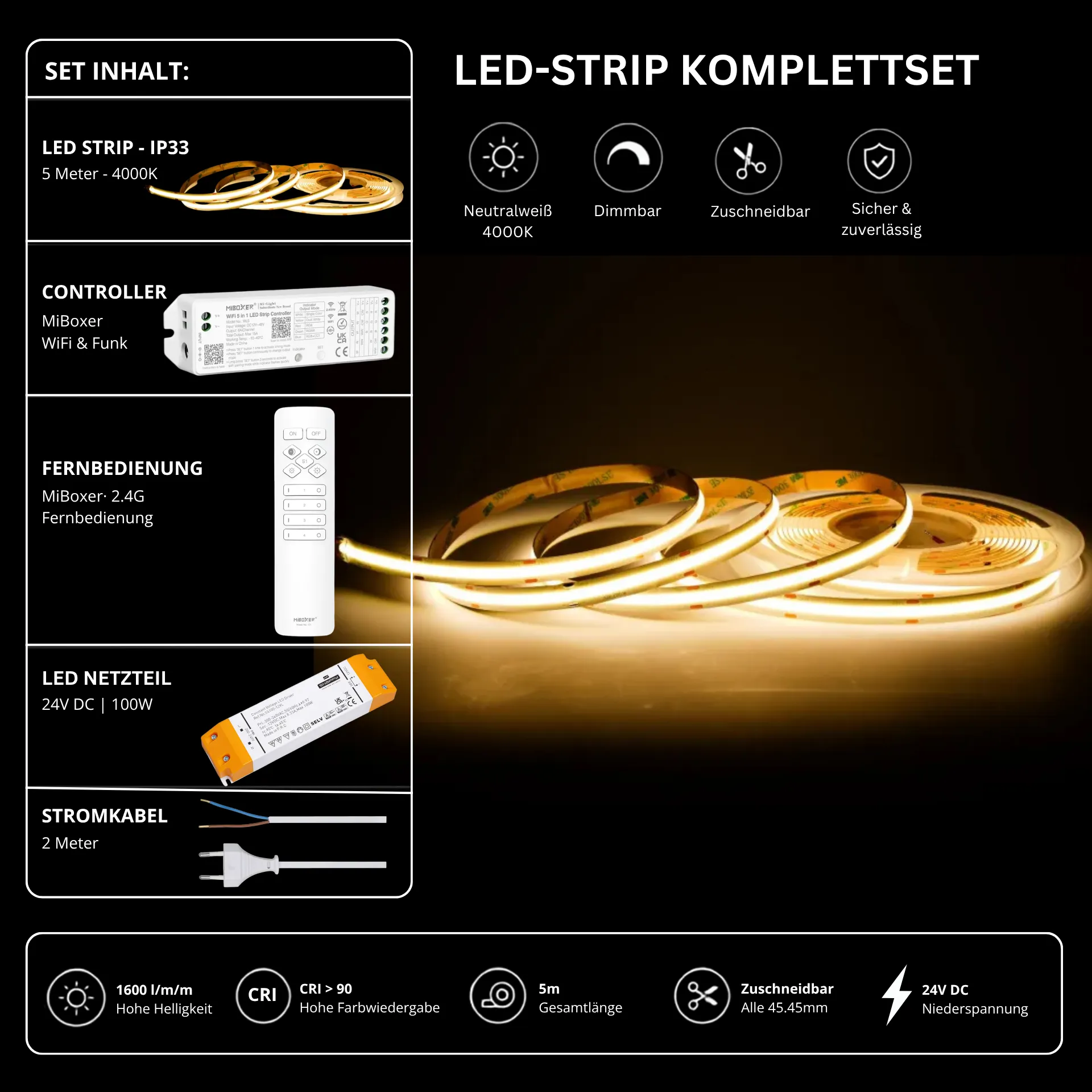 LED Streifen Set Neutralweiß – COB LED Streifen 24V, punktfrei, 14 W/m, 5m, 4000K, CRI 90, IP33 – SS100 Netzteil, WL5 WiFi Controller & C1 Fernbedienung Weiß