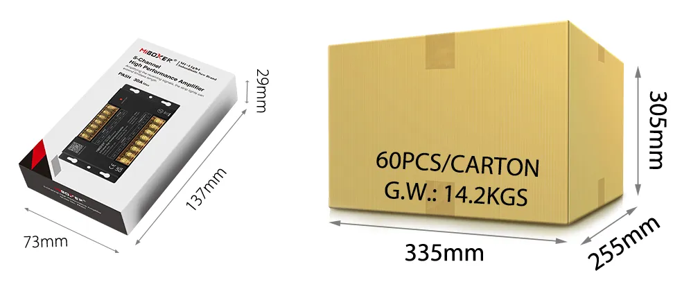 Abmessungen und Verpackung des 5-Kanal LED Verstärkers mit 134mm Länge