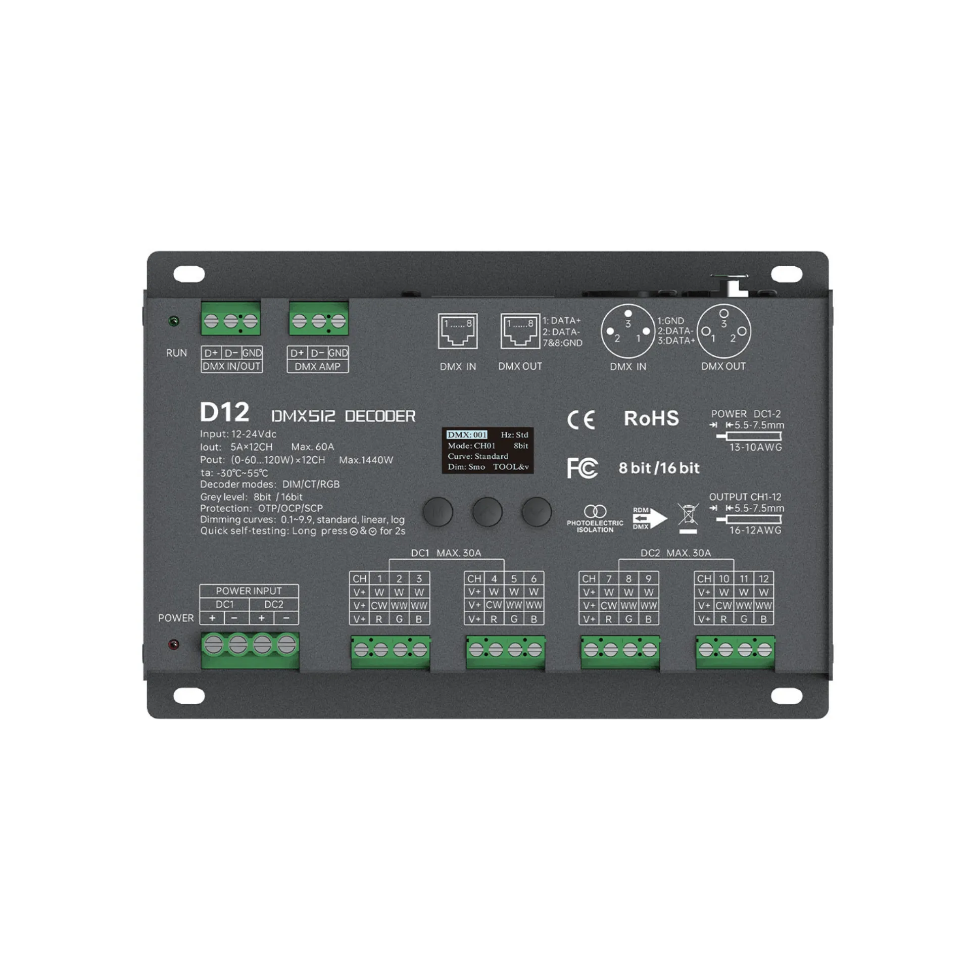 LTECH D12 DMX512/RDM LED Controller 12-Kanal 5A, 12-24V DC, mit OLED Display, Konstantspannung