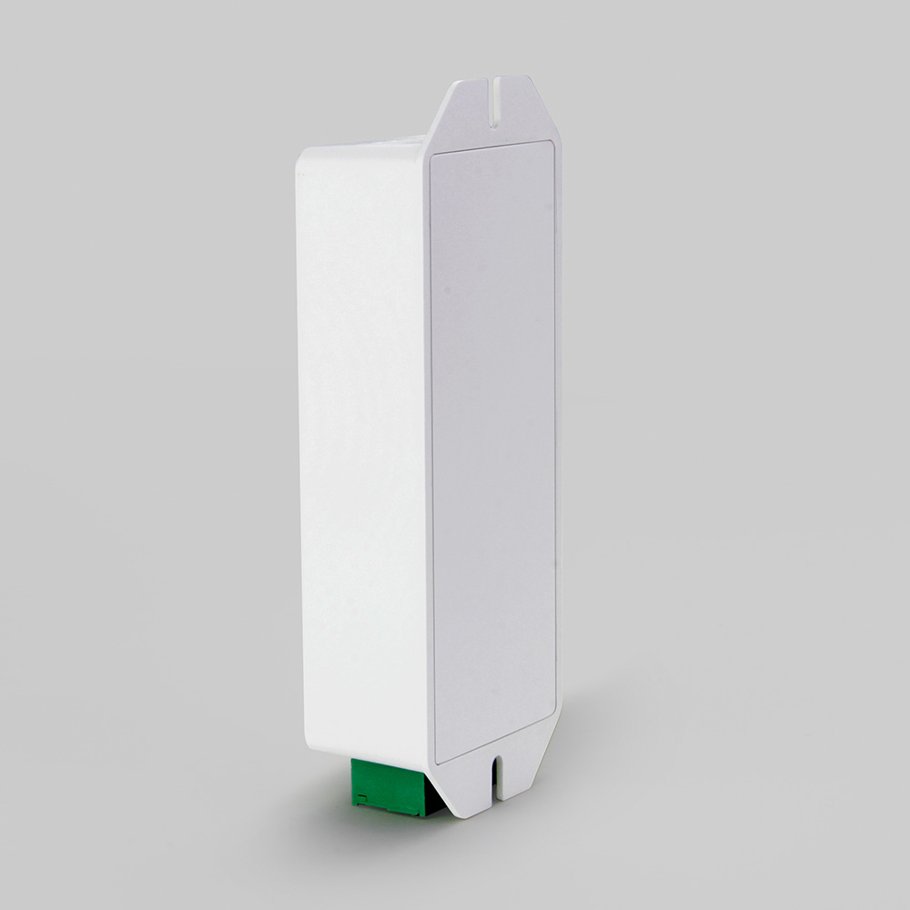 MiBoxer D1-CX DMX512 & RDM Decoder – Rückseite und Seitenansicht des weißen Gehäuses mit grünem Klemmanschluss unten, Hutschienenmontage