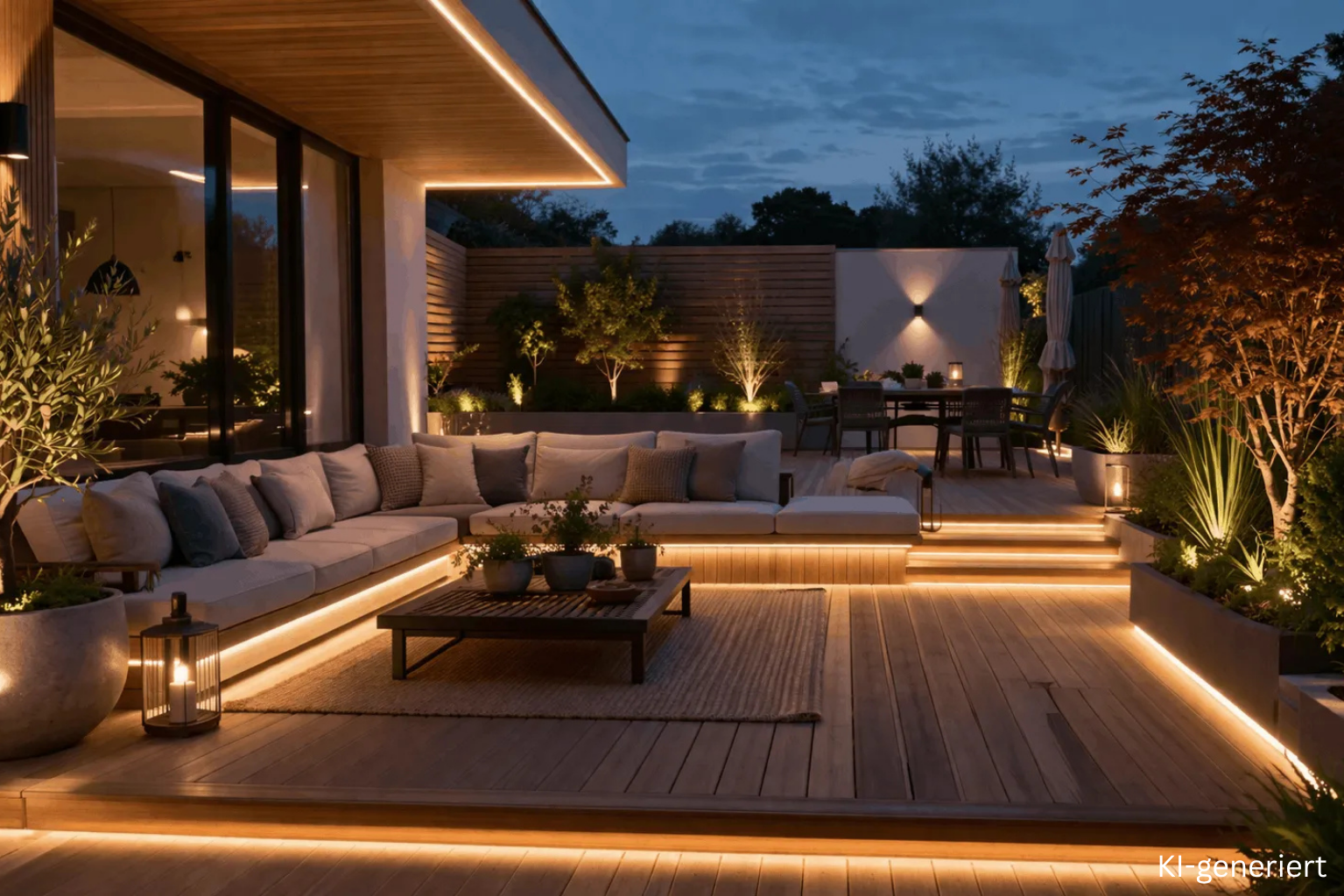 Terrassenlounge mit indirekter LED Streifen Beleuchtung im Garten am Abend