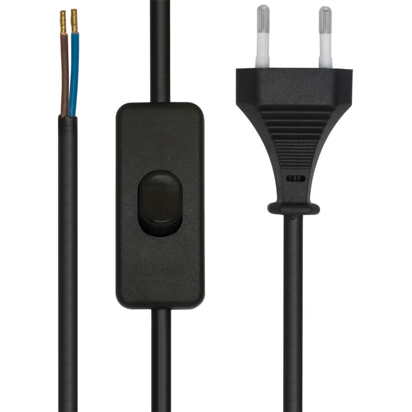 Netzkabel mit Eurostecker und Schalter - 2m, H03 VVH2-F 2×0,75mm², schwarz