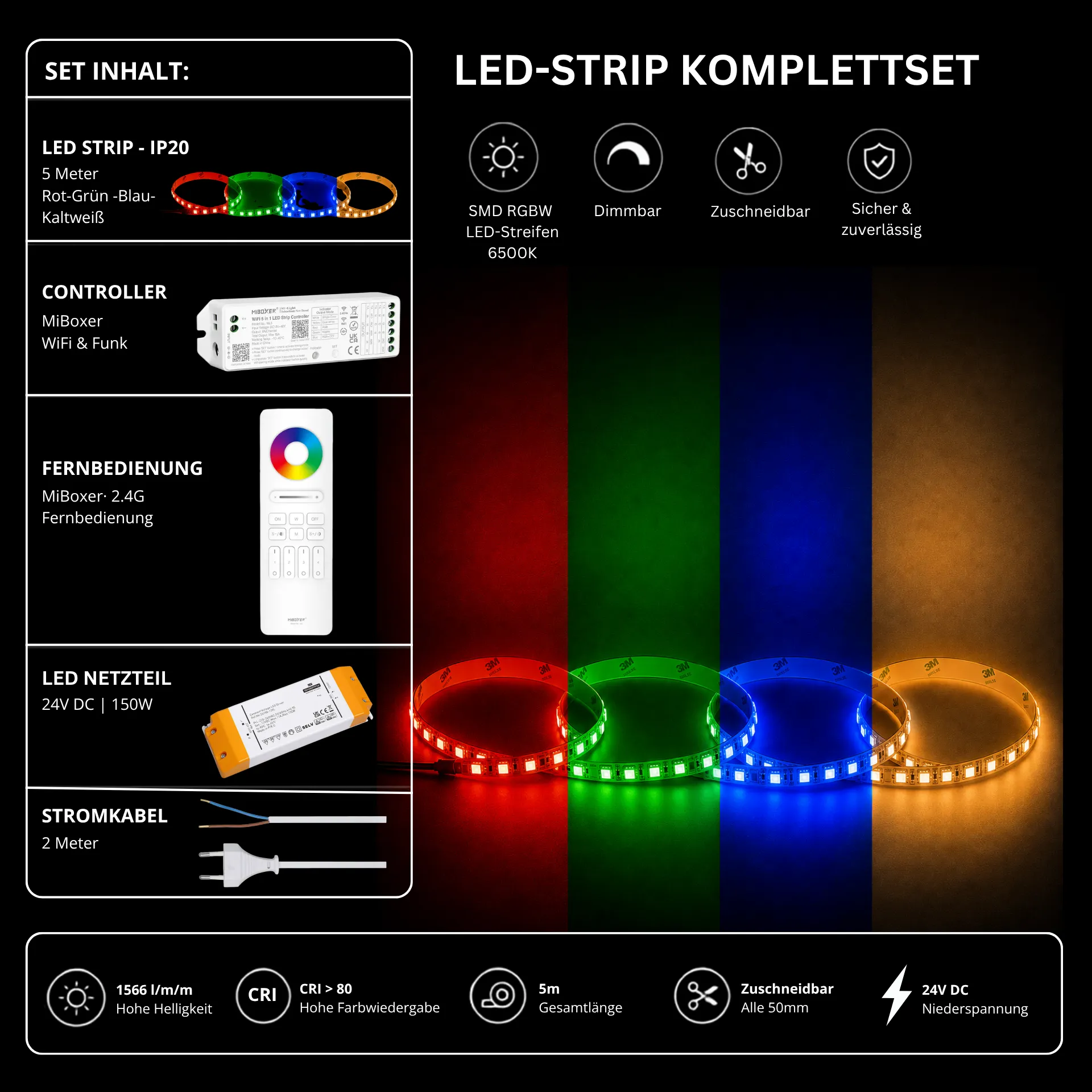 LED Streifen Set RGBW – SMD LED Streifen 24V, 4-in-1, 19,2 W/m, 5m, RGB + Kaltweiß 6500K – SS150 Netzteil, WL5 WiFi Controller & C5 Fernbedienung Weiß
