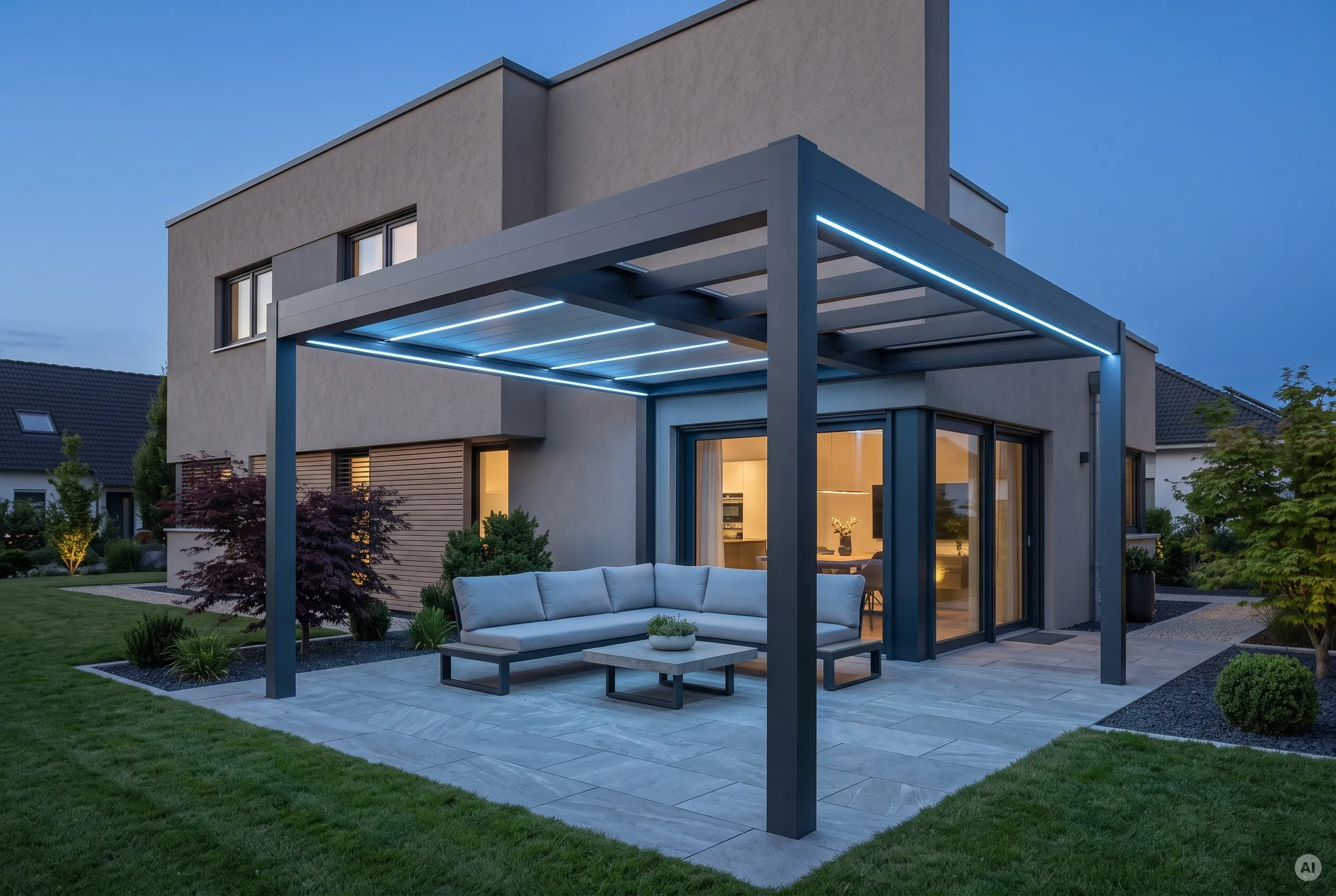 Freistehende anthrazitfarbene Aluminium-Pergola mit hellgrauer Ecklounge auf einer Natursteinterrasse. Integrierte, homogene LED-Lichtlinien in Deckenbalken und Rahmen strahlen ein edles hellblaues Akzentlicht aus.