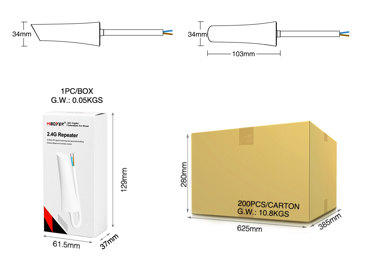MiBoxer 2 4GHz Repeater Verpackung mit Abmessungen und Produktgröße