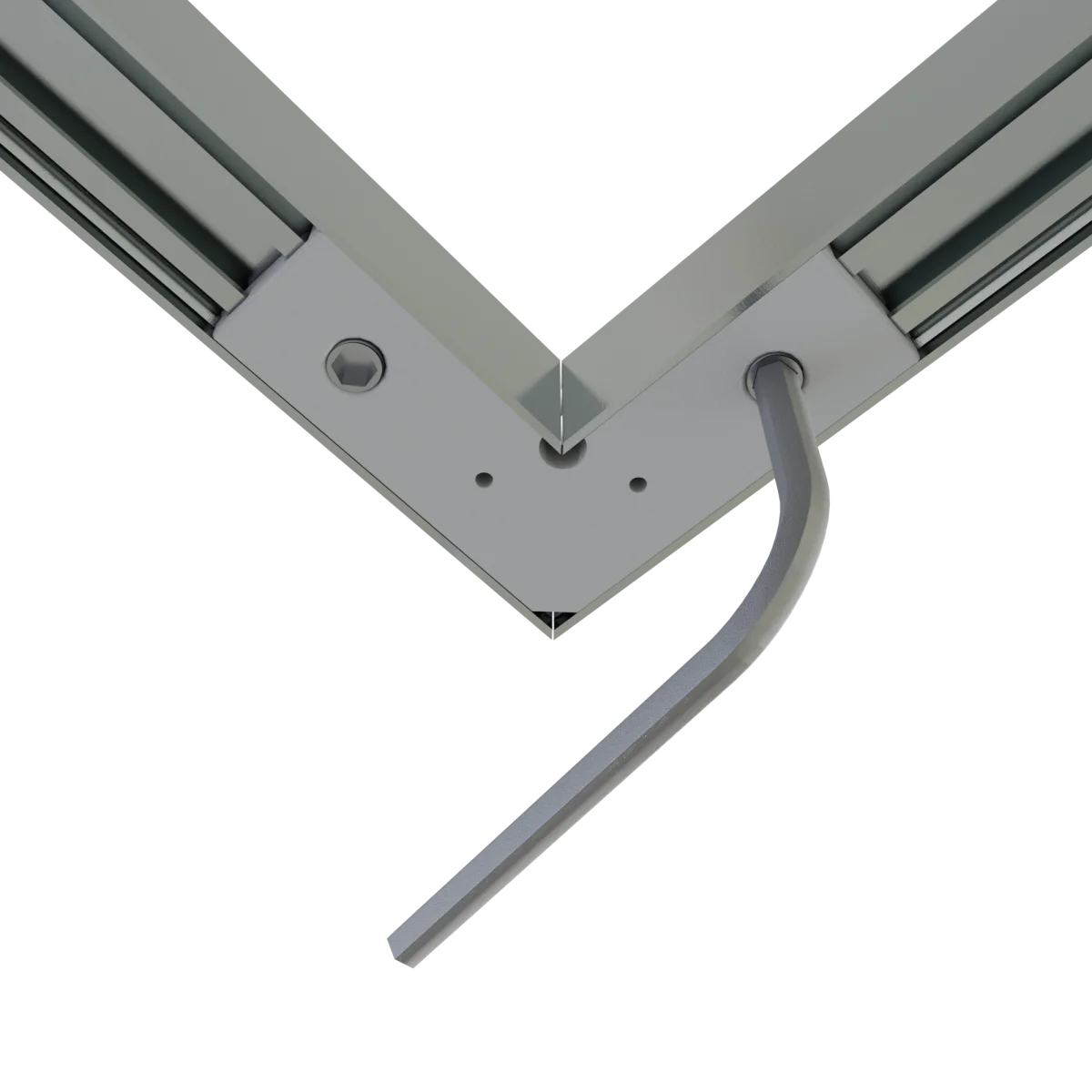 CON-A2 Verbinder 90° – Montierte Eckverbindung mit integrierter Kabelführung für LED-Aluminiumprofile CON-A2 Verbinder 90° – Nahaufnahme der montierten Innenecke mit Kabelführung durch den Eckverbinder, Draufsicht auf LED-Aluminiumprofil-Verbindung