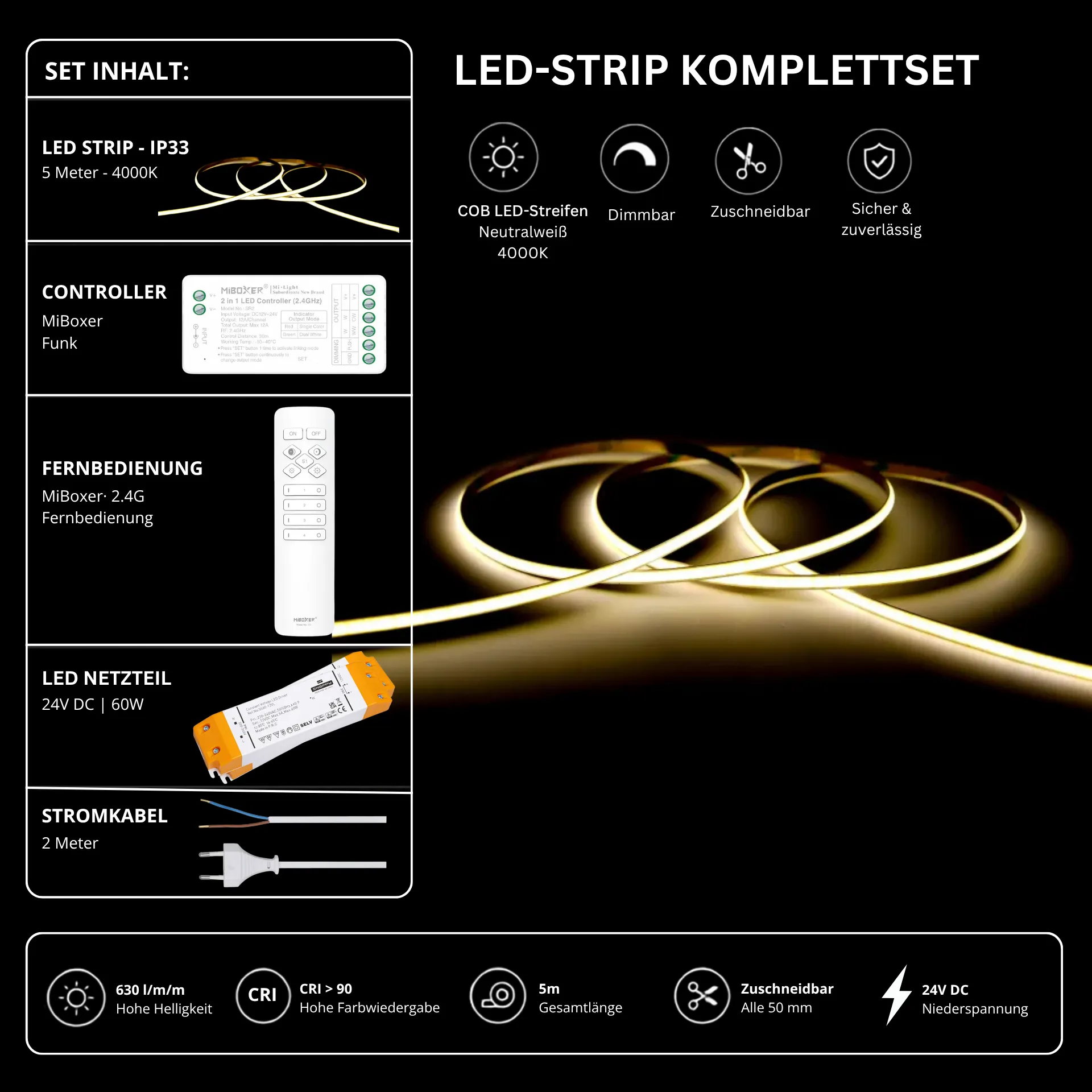 LED Streifen Set Einfarbig COB Schmal – 5 mm COB LED Streifen 24V, punktfrei, 7 W/m, 5m, Neutralweiß 4000K, CRI 90 – SS60 Netzteil, SR2 Funk-Controller & C1 Fernbedienung Weiß