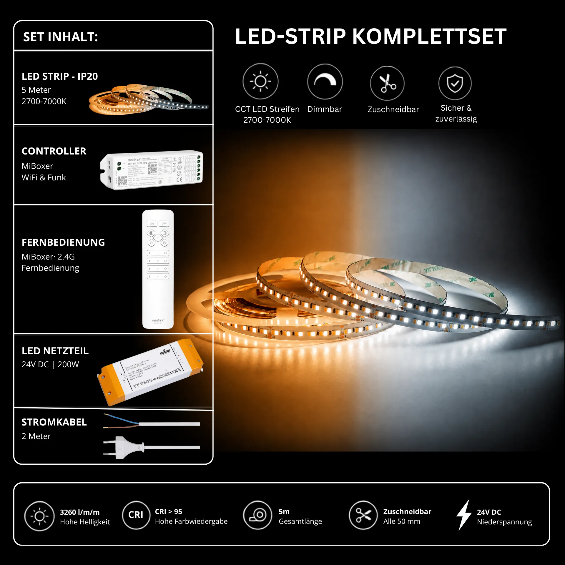 LED Streifen Set Tunable White – CCT LED Streifen 24V, 240 LEDs/m, 29 W/m, 5m, 2700-7000K, CRI 95 – SNP-200 Netzteil, WL5 WiFi Controller & C1 Fernbedienung Weiß