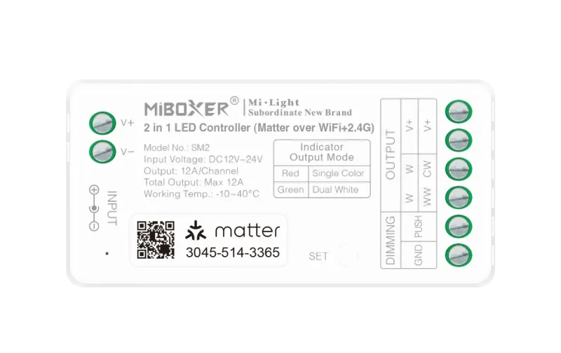 MiBoxer SM2 2-in-1 LED Controller – Matter over WiFi und 2,4 GHz Funk, einfarbig und CCT, 12–24V DC, 12A, Push Dimming, Apple HomeKit, Google Home, Alexa, Frontansicht