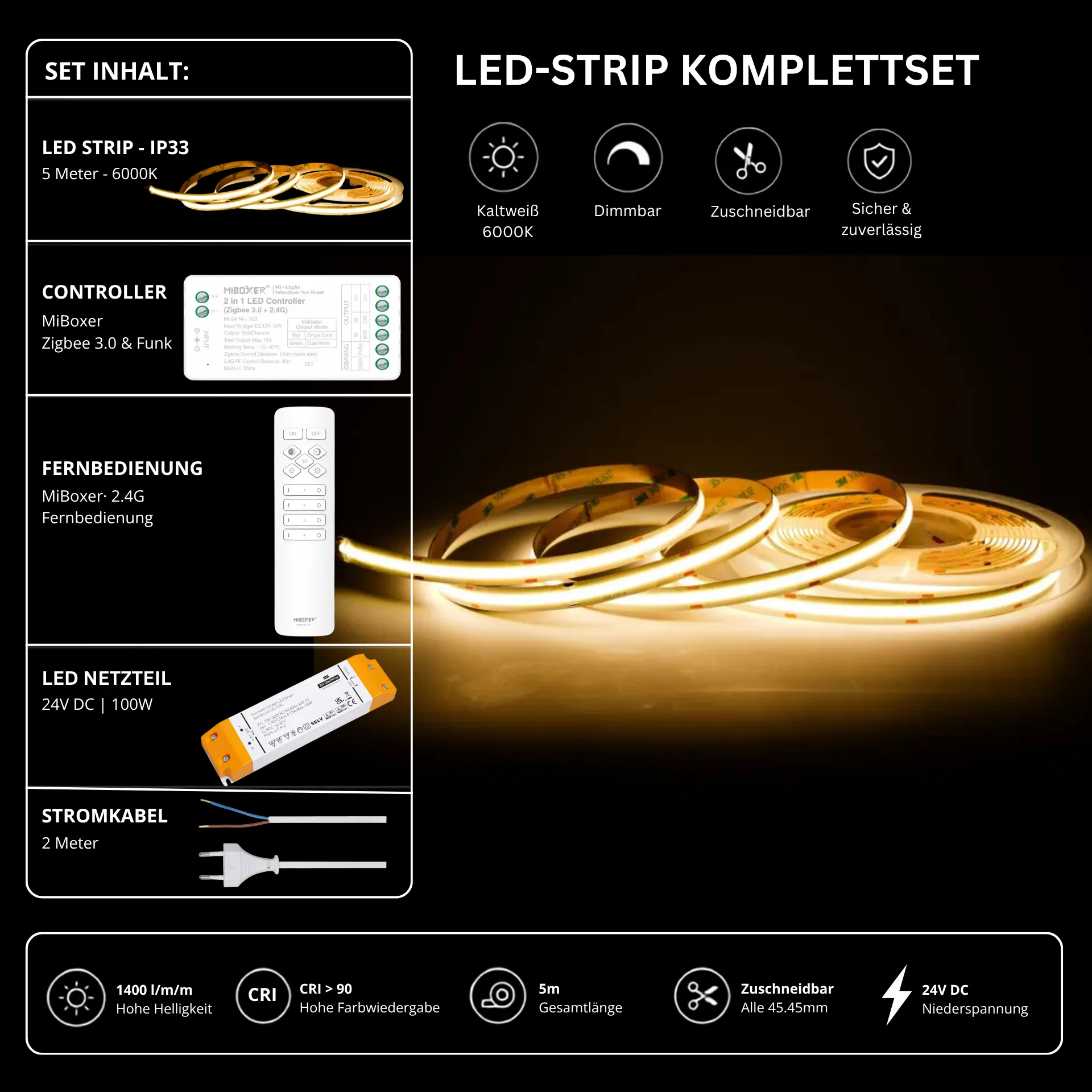 LED Streifen Set Kaltweiß – COB LED Streifen 24V, punktfrei, 14 W/m, 5m, 6000K, CRI 90, IP33 – SS100 Netzteil, SZ2 Zigbee 3.0 Controller & C1 Fernbedienung Weiß