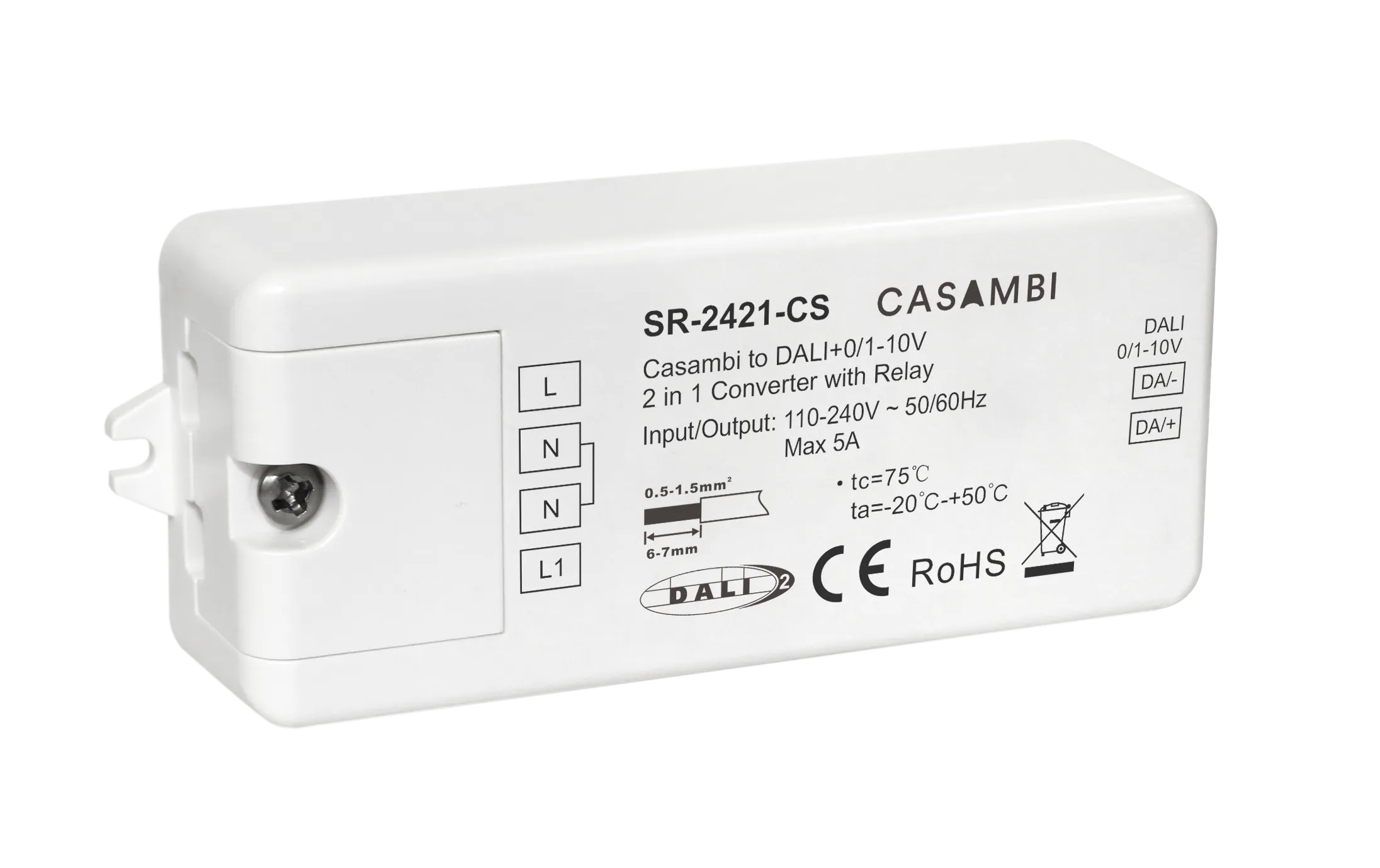 Casambi DALI Gateway SR-2421-CS Frontansicht Casambi DALI Gateway SR-2421-CS 230V Bluetooth Mesh zu DALI und 0-10V Converter
