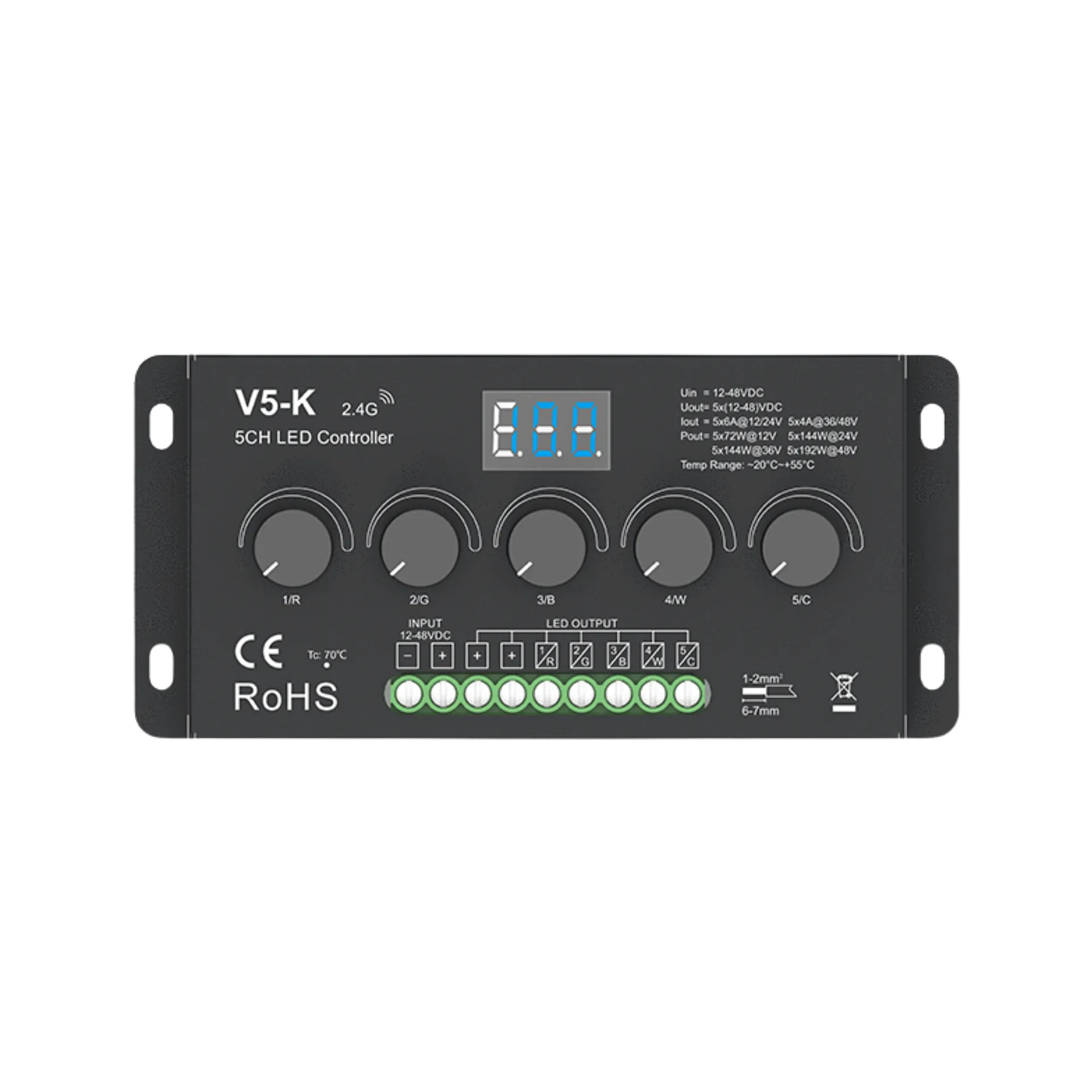 V5-K 5-Kanal LED Dimmer mit Drehreglern & Digitalanzeige – einfarbig bis RGBCCT, 12–48 V DC, je 6 A pro Kanal