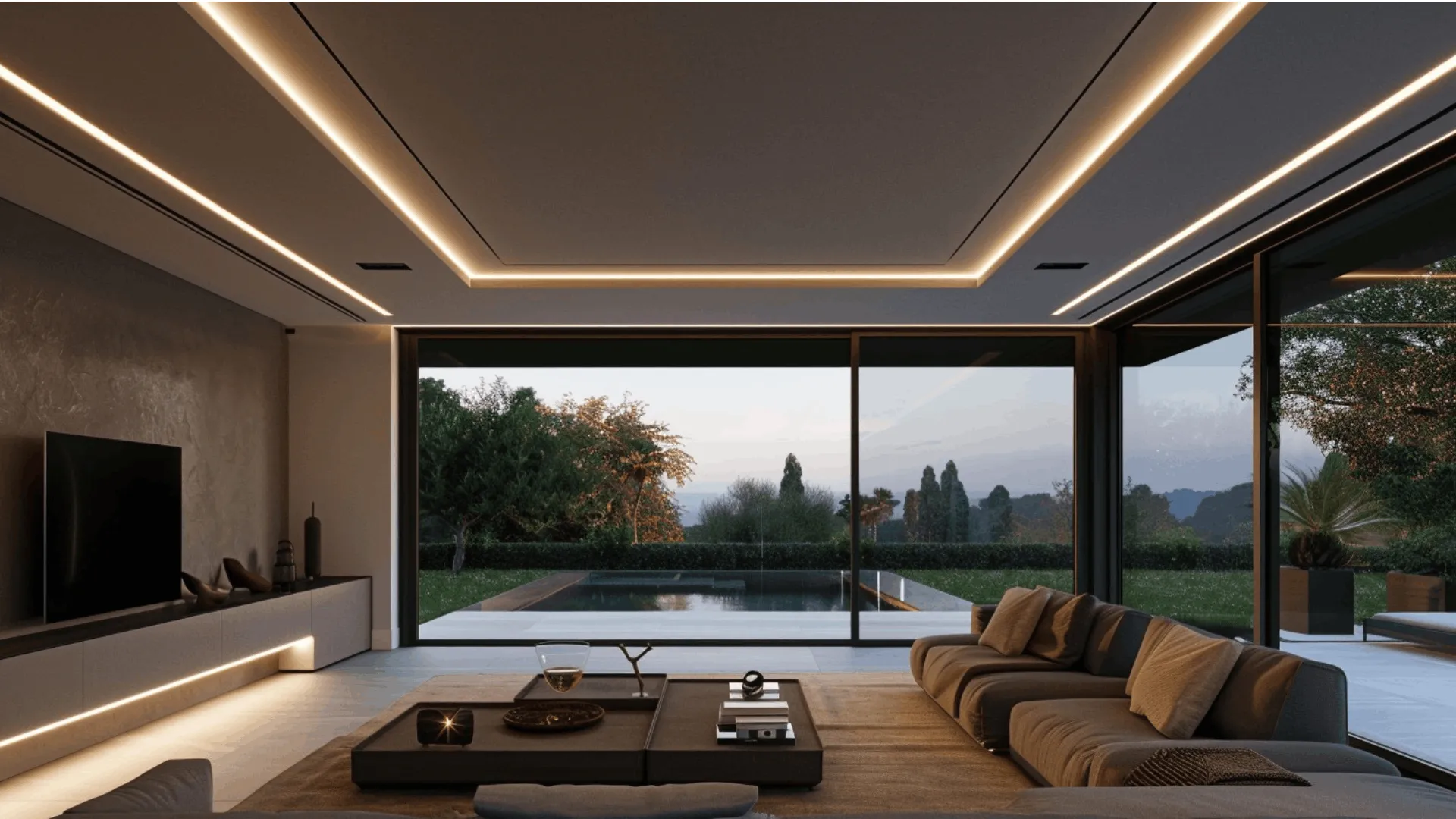 LED Wohnzimmerbeleuchtung indirekt Decke und TV Wand Indirekte Wohnzimmerbeleuchtung mit LED Streifen an Decke und TV Wand modernes Ambientelicht