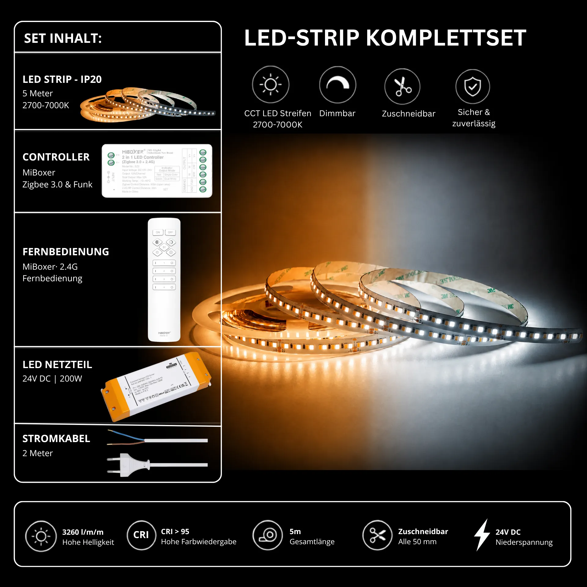 LED Streifen Set Tunable White – CCT LED Streifen 24V, 240 LEDs/m, 29 W/m, 5m, 2700-7000K, CRI 95 – SNP-200 Netzteil, SZ2 Zigbee 3.0 Controller & C1 Fernbedienung Weiß