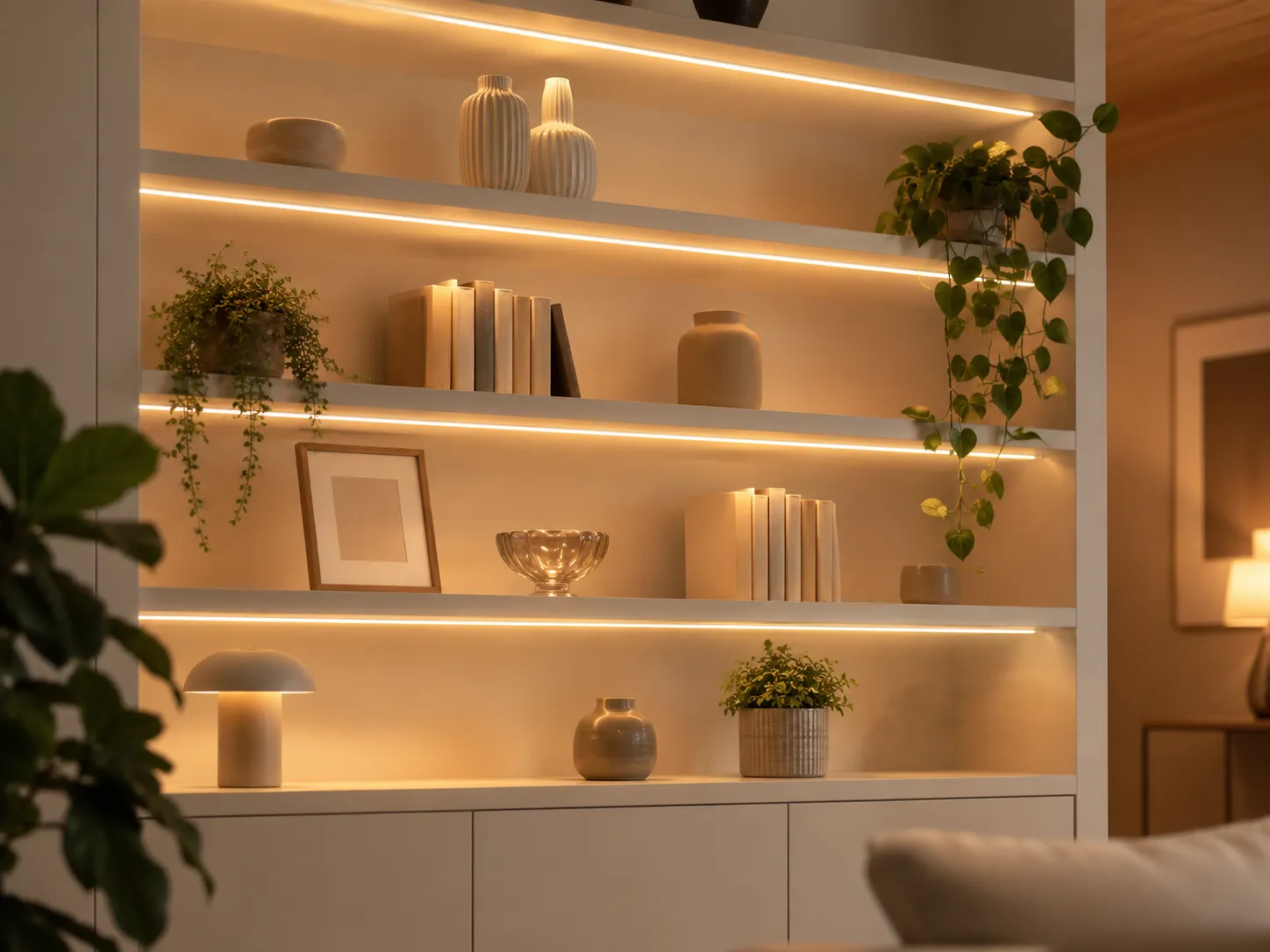Passgenaue LED Regalbeleuchtung mit LED Streifen Offenes Regal mit warmweißer LED Beleuchtung an den Fachböden