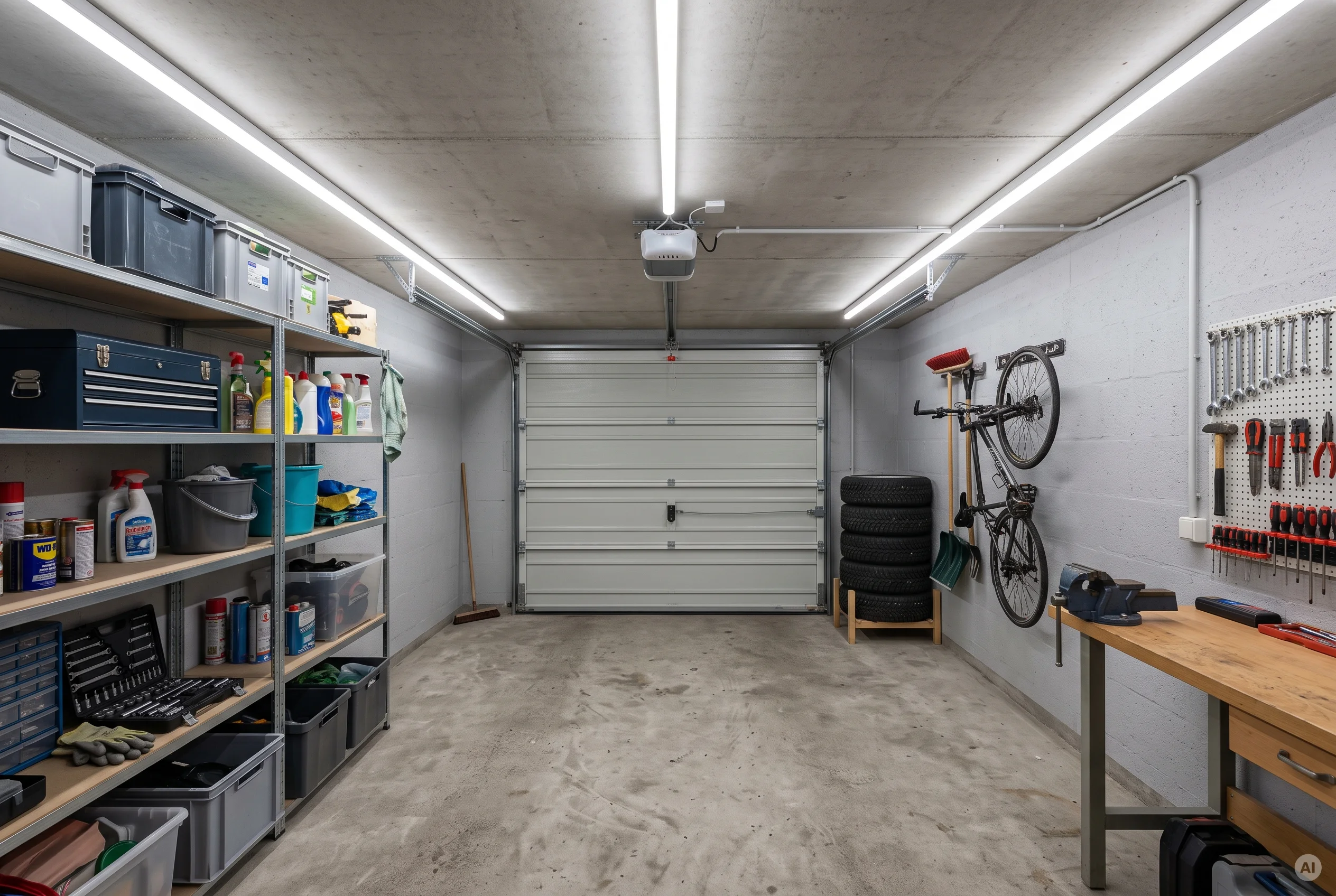 Werkstattbereich in einer Garage mit parallelen LED-Lichtleisten an der Decke, Werkbank, Lochwand und Lagerregalen.