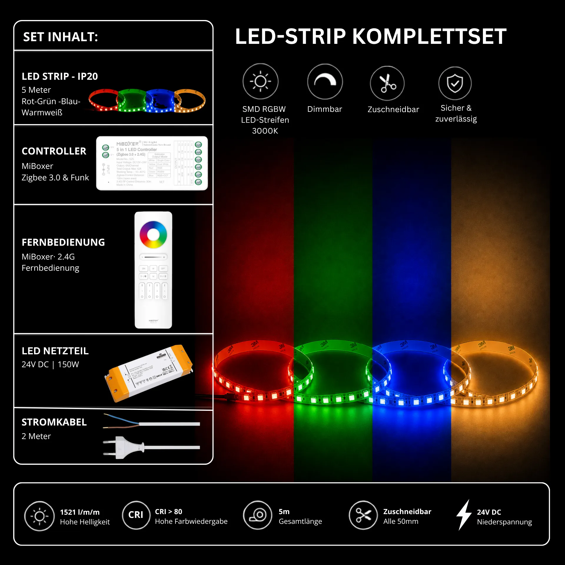 LED Streifen Set RGBW – SMD LED Streifen 24V, 4-in-1, 19,2 W/m, 5m, RGB + Warmweiß 3000K – SS150 Netzteil, SZ5 Zigbee 3.0 Controller & C5 Fernbedienung Weiß
