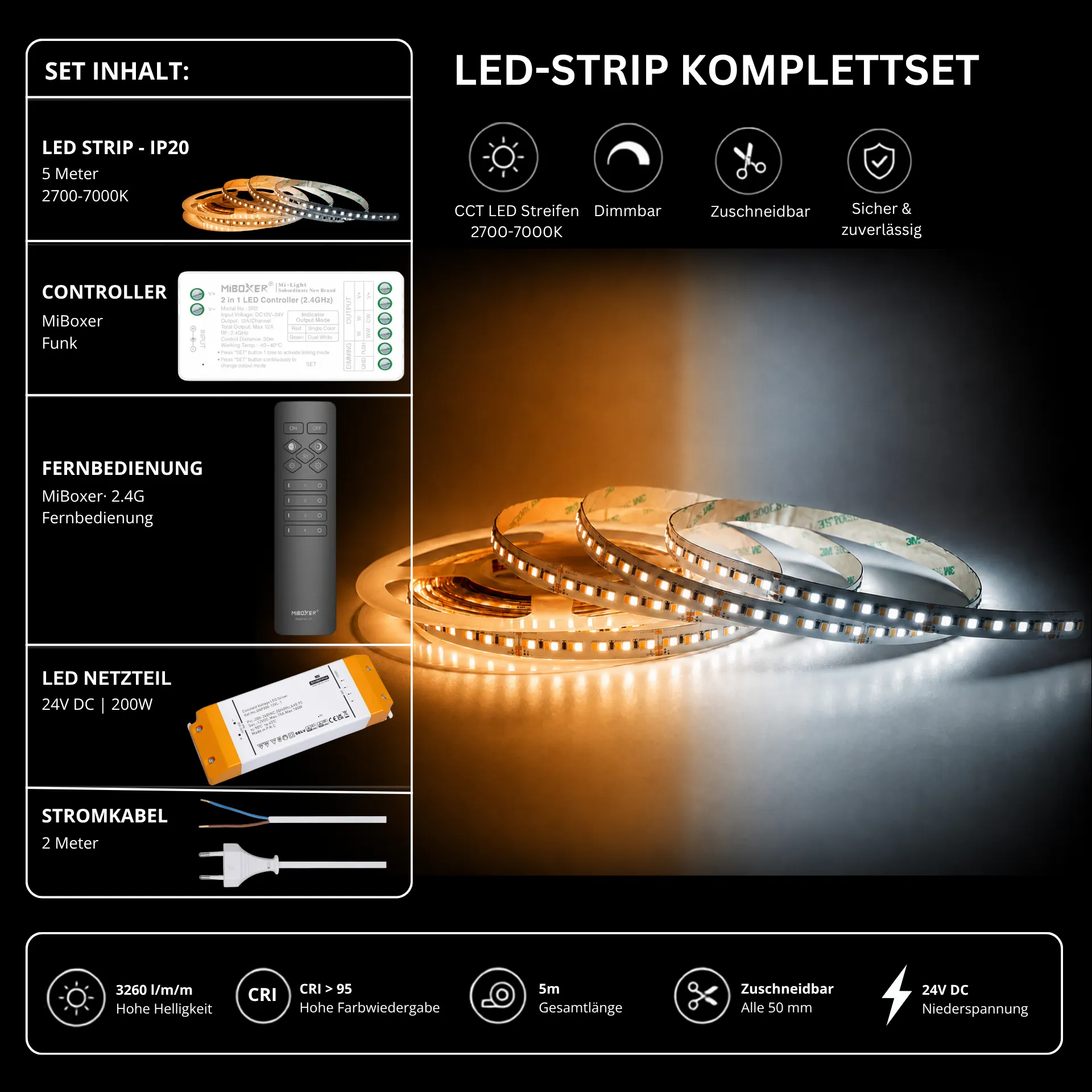 LED Streifen Set Tunable White – CCT LED Streifen 24V, 240 LEDs/m, 29 W/m, 5m, 2700-7000K, CRI 95 – SNP-200 Netzteil, SR2 Funk-Controller & C1 Fernbedienung Schwarz