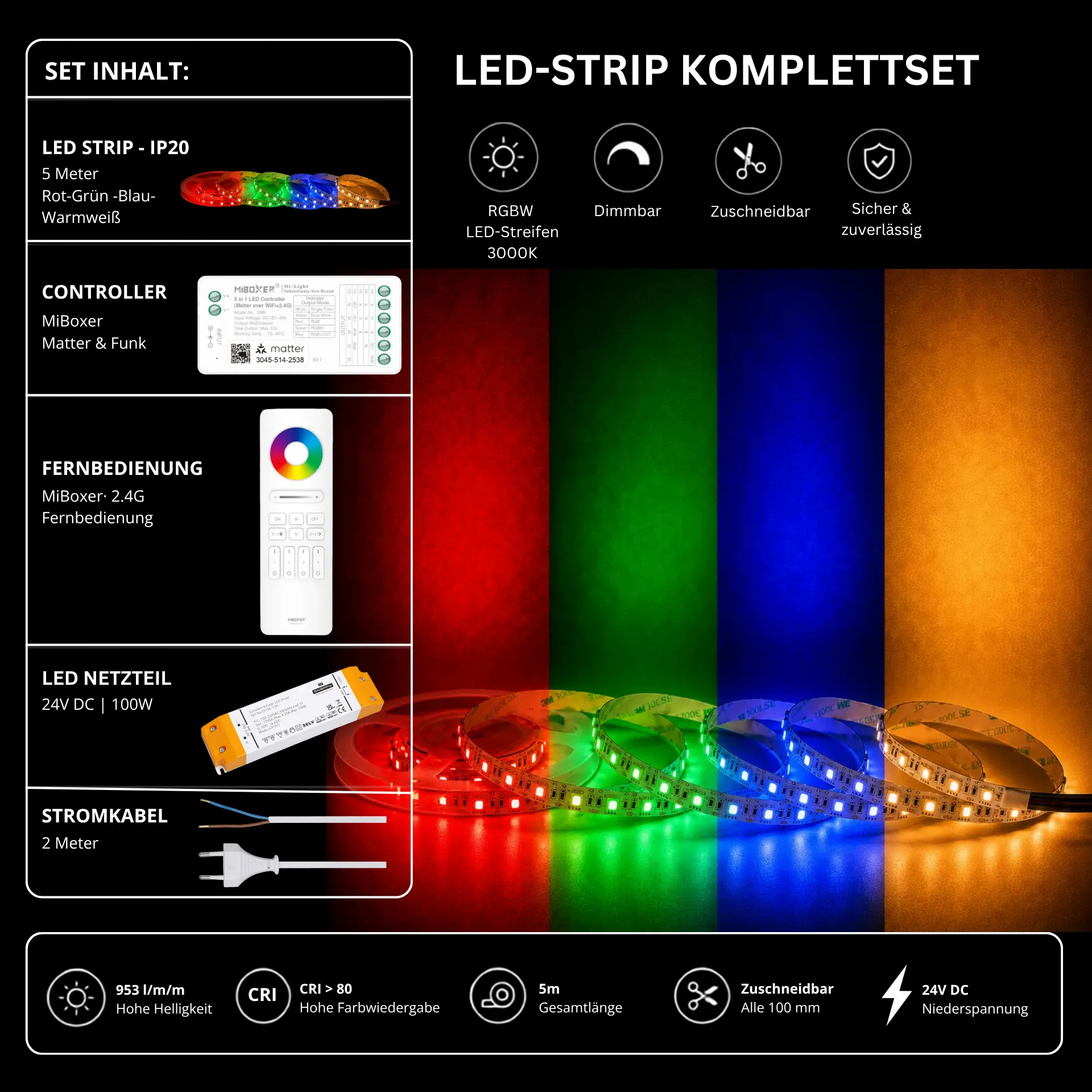 LED Streifen Set RGBW – SMD LED Streifen 24V, 60 LEDs/m, 4-in-1, 18 W/m, 953 lm/m, 5m, RGB + Warmweiß 3000K, CRI 80 – SS100 Netzteil, SM5 Matter Controller & C5 Fernbedienung Weiß