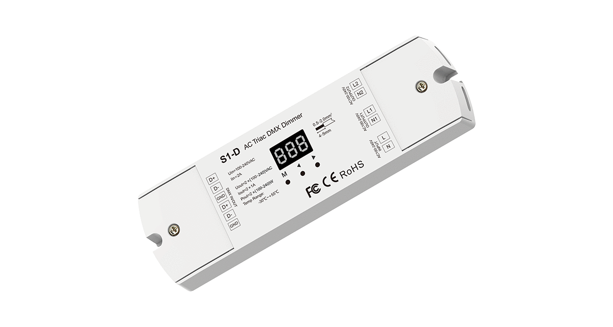 DMX512 Triac Dimmer 2 Kanal 230V mit Display für LED und Halogen Lichtsteuerung DMX512 Triac Dimmer 2 Kanal 230V mit Display Steuerung Phasenanschnitt Phasenabschnitt LED Halogen