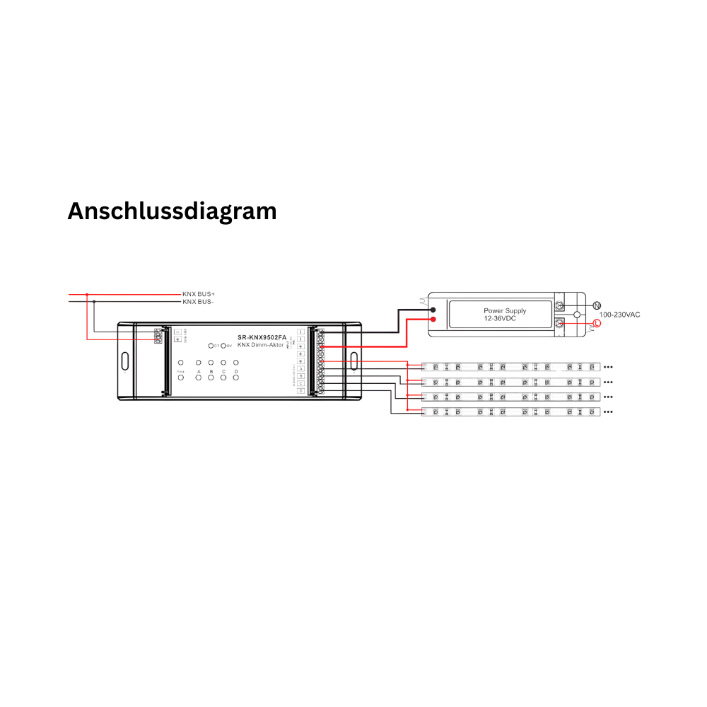 SR-KNX-9502FA KNX LED Dimmer 4-Kanal Konstantspannung 12-36V DC, 5A je Kanal, Aufbau ETS5 SR-KNX-9502FA KNX LED Dimmer 4-Kanal Konstantspannung 12-36V DC, 5A je Kanal, Aufbau ETS5