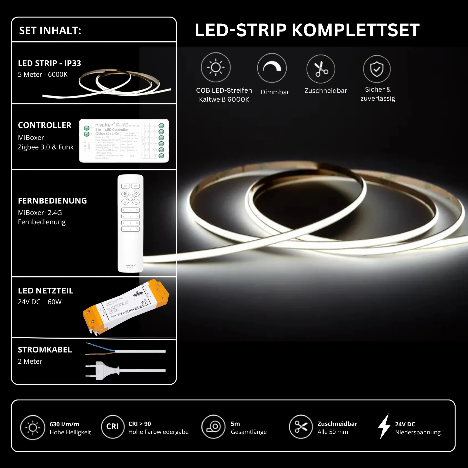 LED Streifen Set Einfarbig COB Schmal – 5 mm COB LED Streifen 24V, punktfrei, 7 W/m, 5m, Kaltweiß 6000K, CRI 90 – SS60 Netzteil, SZ2 Zigbee 3.0 Controller & C1 Fernbedienung Weiß