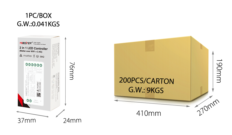 MiBoxer SM2 – Verpackungsabmessungen Einzelbox und Karton | SK-LED MiBoxer SM2 Matter LED Controller Verpackungsmaße – Einzelbox und Versandkarton mit Abmessungen