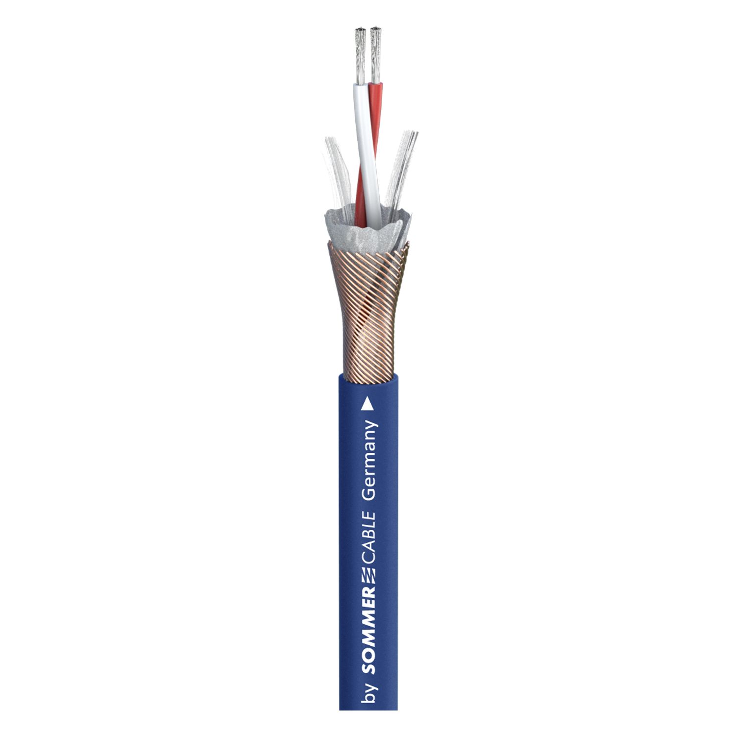 DMX Cable Detail – SOMMER SC-Semicolon 2×0.22 mm² Shielded – SK-LED Detailansicht DMX Kabel SOMMER SC-Semicolon 2×0,22 mm² – geöffneter Kupfergeflechtschirm, rot/weiß Leiter, FRNC Mantel, blau – professionelles Audio und Lichtsteuerkabel (AES/EBU, DMX) – SK-LED