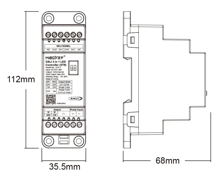 Maßzeichnung MiBoxer DL2-T: 112 x 35,5 x 68 mm, 2 Teilungseinheiten auf der Hutschiene, mit DIP-Schalter-Tabelle der drei Ausgangsmodi