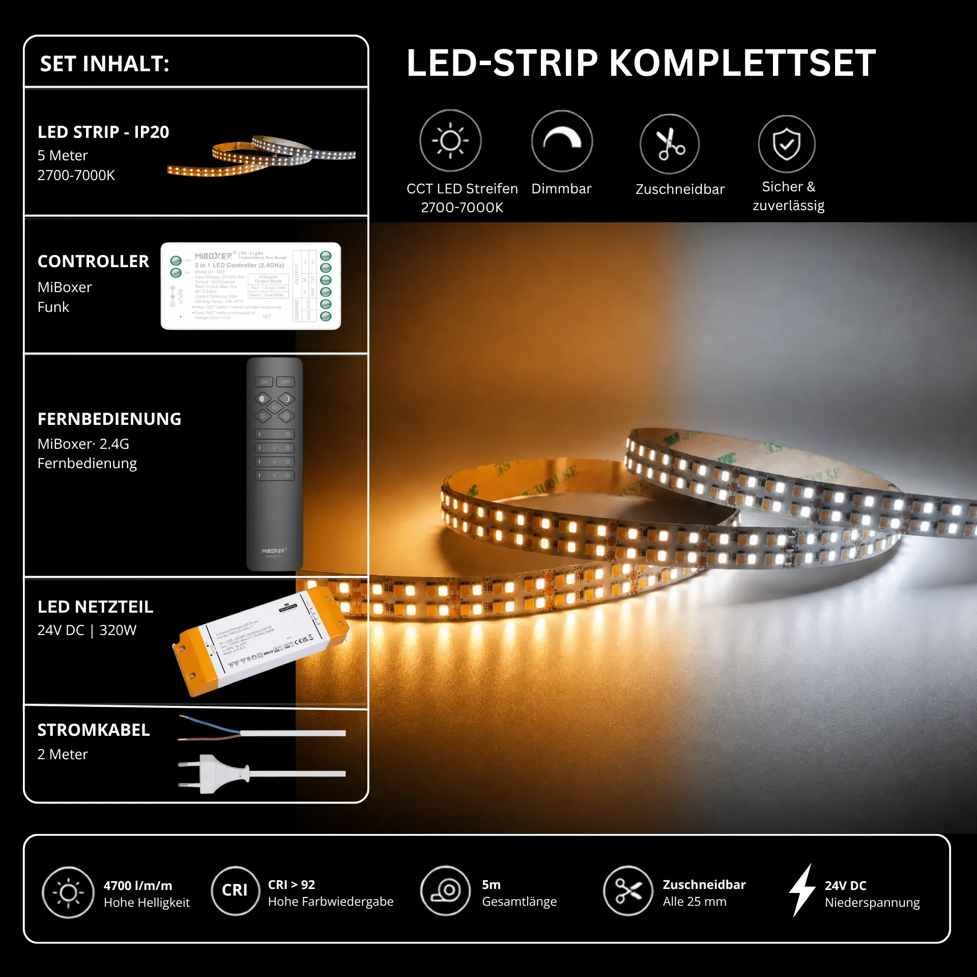 LED Streifen Set CCT High Power – 12 mm CCT LED Streifen 24V, 40 W/m, 4700 lm/m, 5m, 2700K-7000K, CRI 92 – SNP-320 Netzteil, SR2 Funk-Controller & C1 Fernbedienung Schwarz