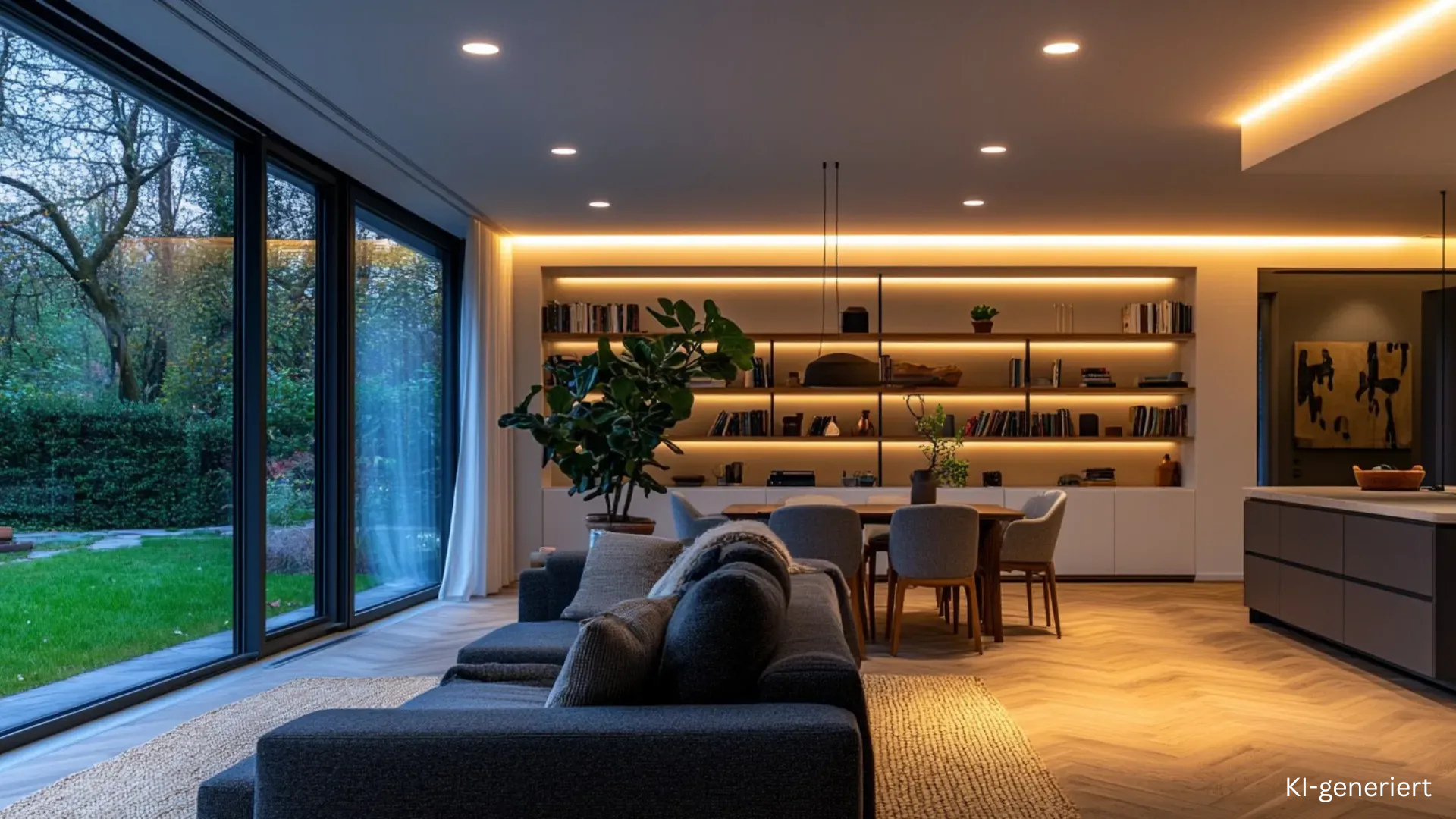 LED Einbaustrahler – Deckenbeleuchtung Wohnzimmer und Küche LED Einbaustrahler im Wohnzimmer und Küche mit indirekter Deckenbeleuchtung und warmweißem Licht