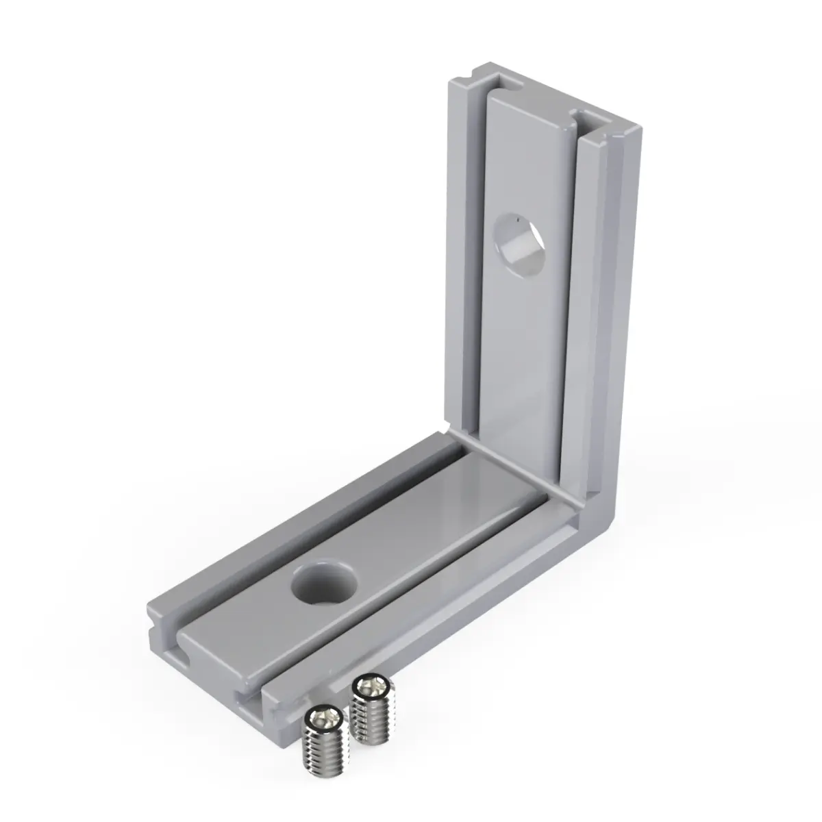 CON-A2 Verbinder 90° Up aus Aluminium in Silber – L-förmiger Winkelverbinder für vertikale Ecken nach oben mit beiliegenden Edelstahlschrauben, Ansicht von schräg vorne