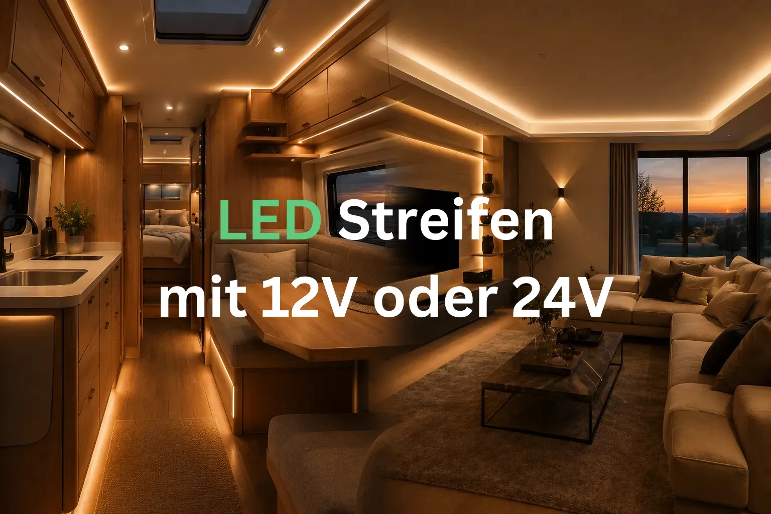 LED Streifen mit 12V oder 24V – Unterschiede einfach erklärt Vergleich von 12V und 24V LED Streifen im Wohnmobil und Wohnzimmer mit indirekter Beleuchtung