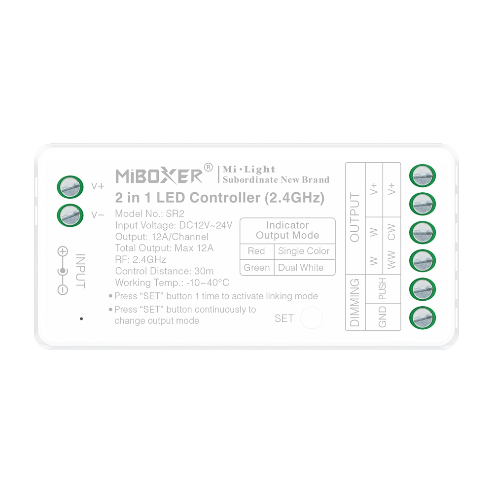 MiBoxer SR2 2-in-1 LED Controller – 2,4 GHz Funk, einfarbig und CCT, 12–24V DC, 12A, Push Dimming, Frontansicht