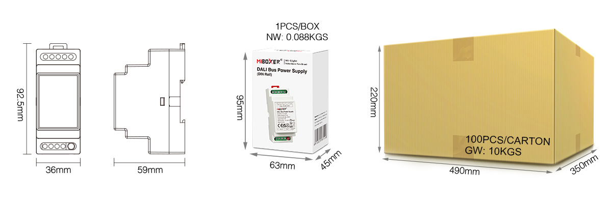 Abmessungen und Verpackung MiBoxer DALI Bus Stromversorgung DL POW1 mit Maßzeichnung und Karton
