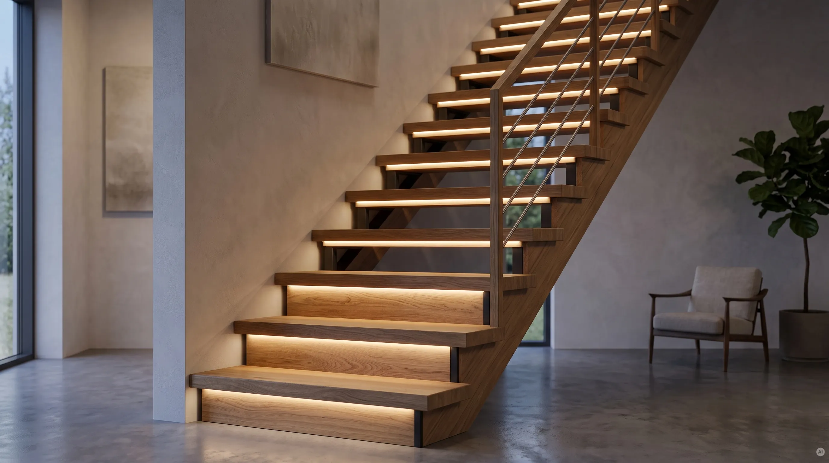 Moderne Holztreppe aus Eiche mit warmweißer LED-Stufenbeleuchtung unter jeder Trittstufe und Holzgeländer in einem minimalistischen Wohnbereich.