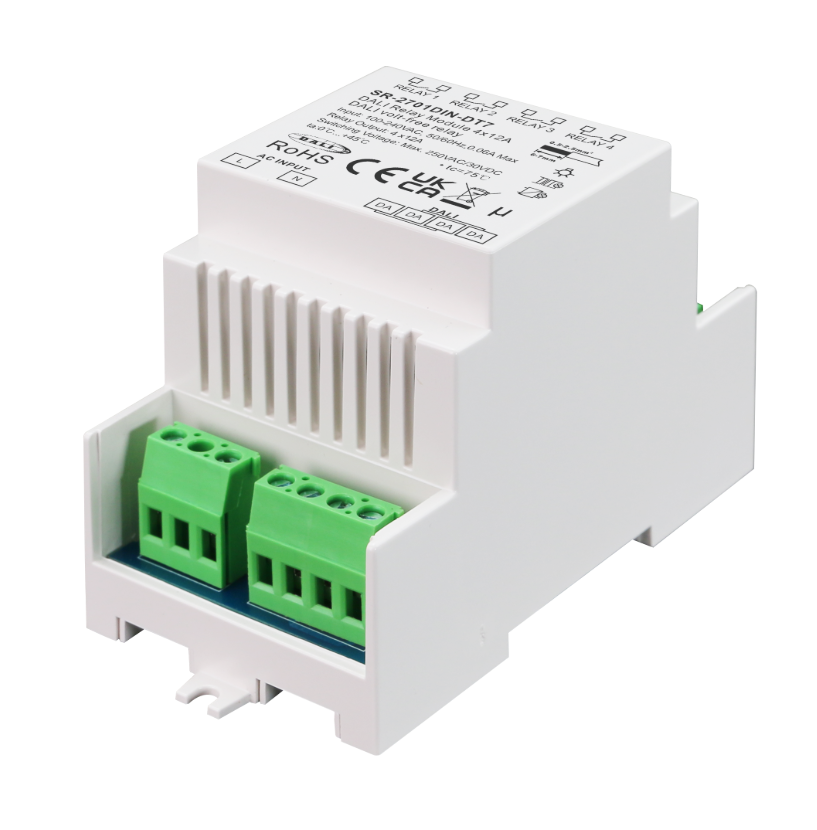 SR-2701DIN-DT7 DALI Relaismodul – 4-Kanal DIN-Schienenrelais für 230 V AC, getrennt schaltbar