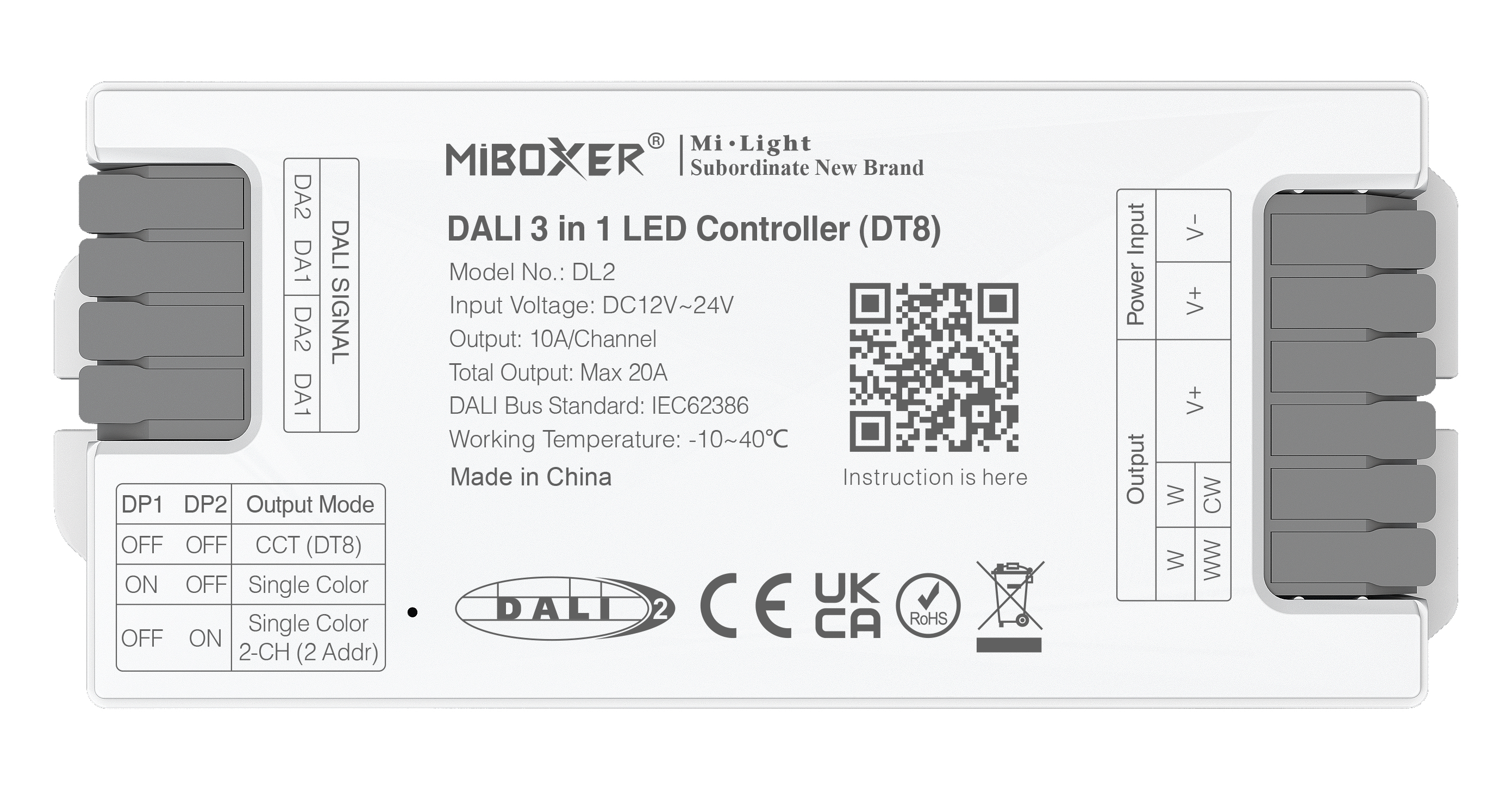 MiBoxer DL2 DALI LED-Controller 3-in-1, DT8, 12–24 V DC, 10A/ Kanal, max. 20A