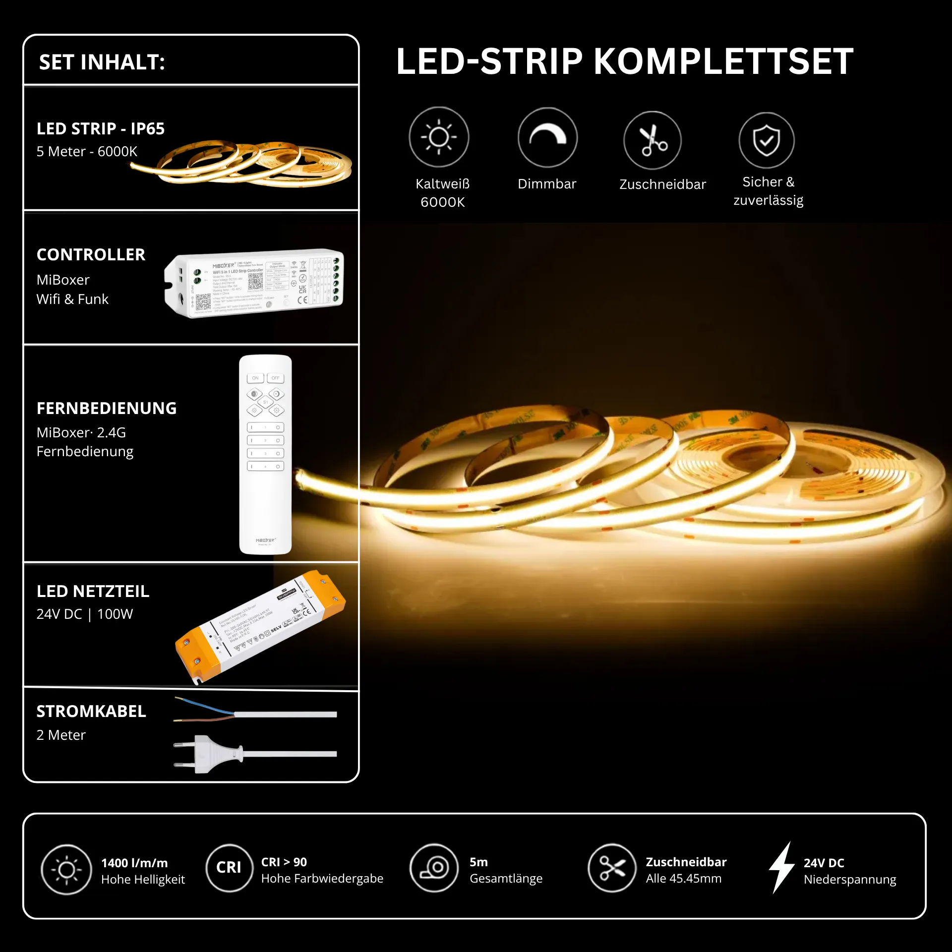 LED Streifen Set Kaltweiß – COB LED Streifen 24V, punktfrei, 14 W/m, 5m, 6000K, CRI 90, IP65 – SS100 Netzteil, WL5 WiFi Controller & C1 Fernbedienung Weiß